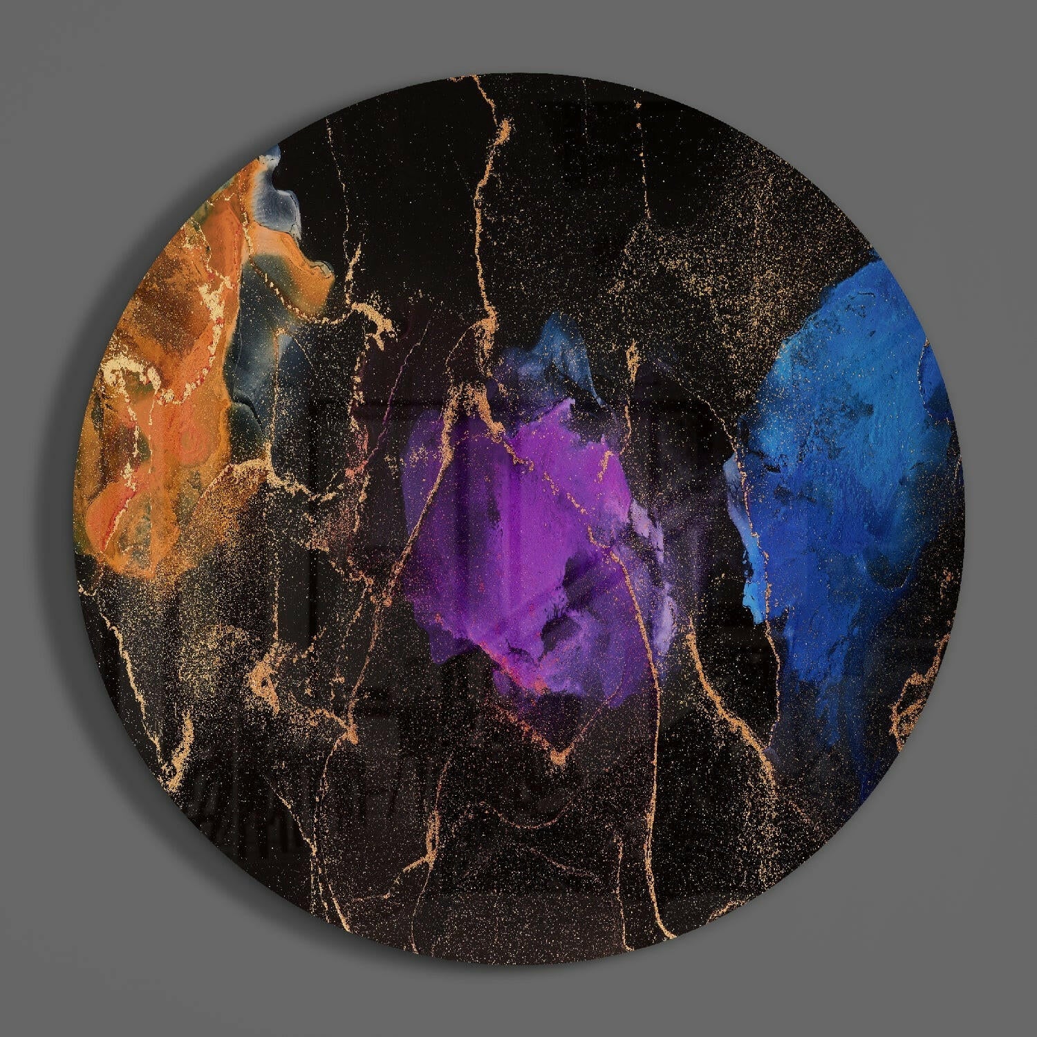 Purple Blue Gold Ink Round Glass Wall Art - Image 3