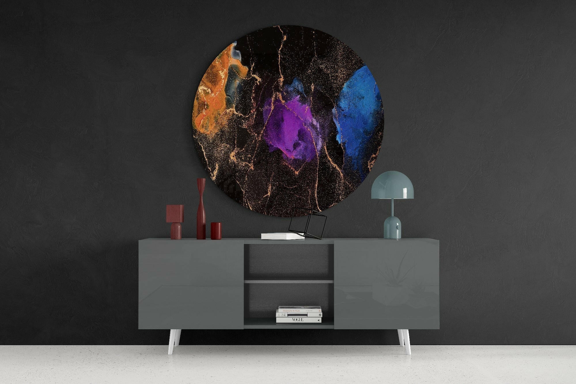 Purple Blue Gold Ink Round Glass Wall Art - Image 4