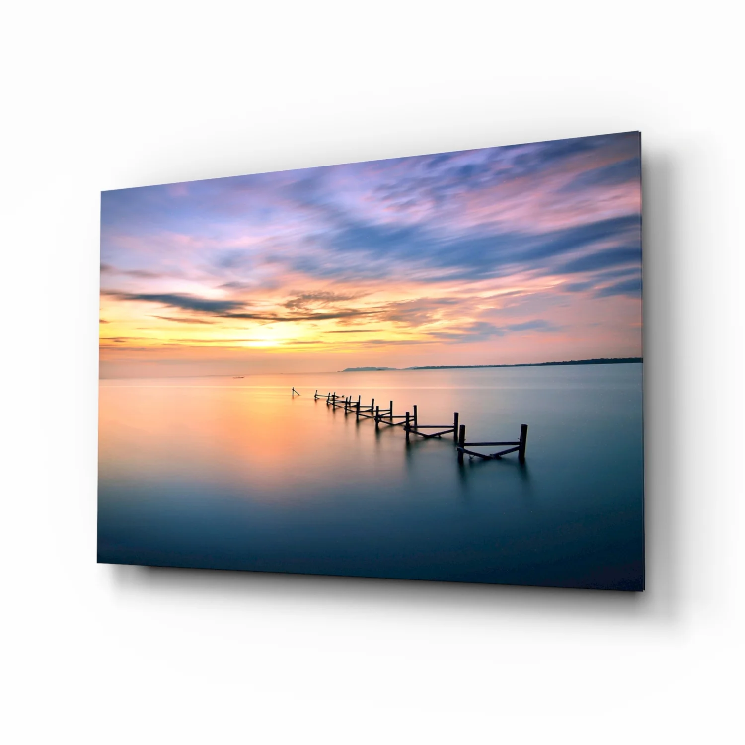 Purple Dusk Pier Posts Glass Wall Art
