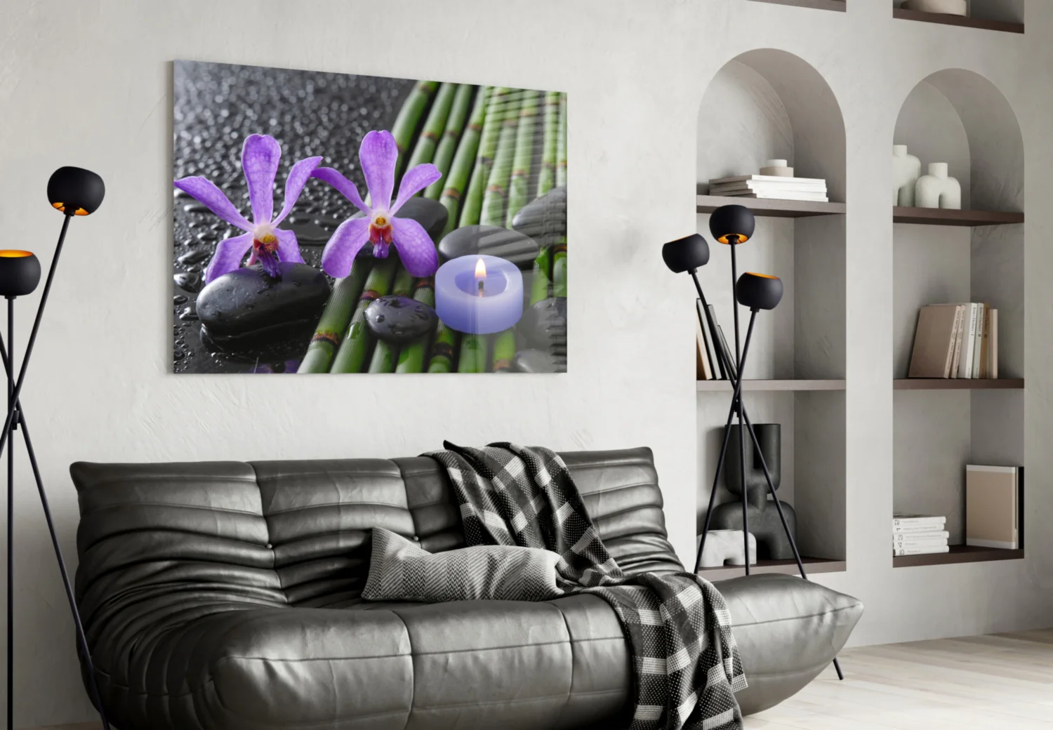 Purple Orchids Bamboo Candle Glass Wall Art - Image 5