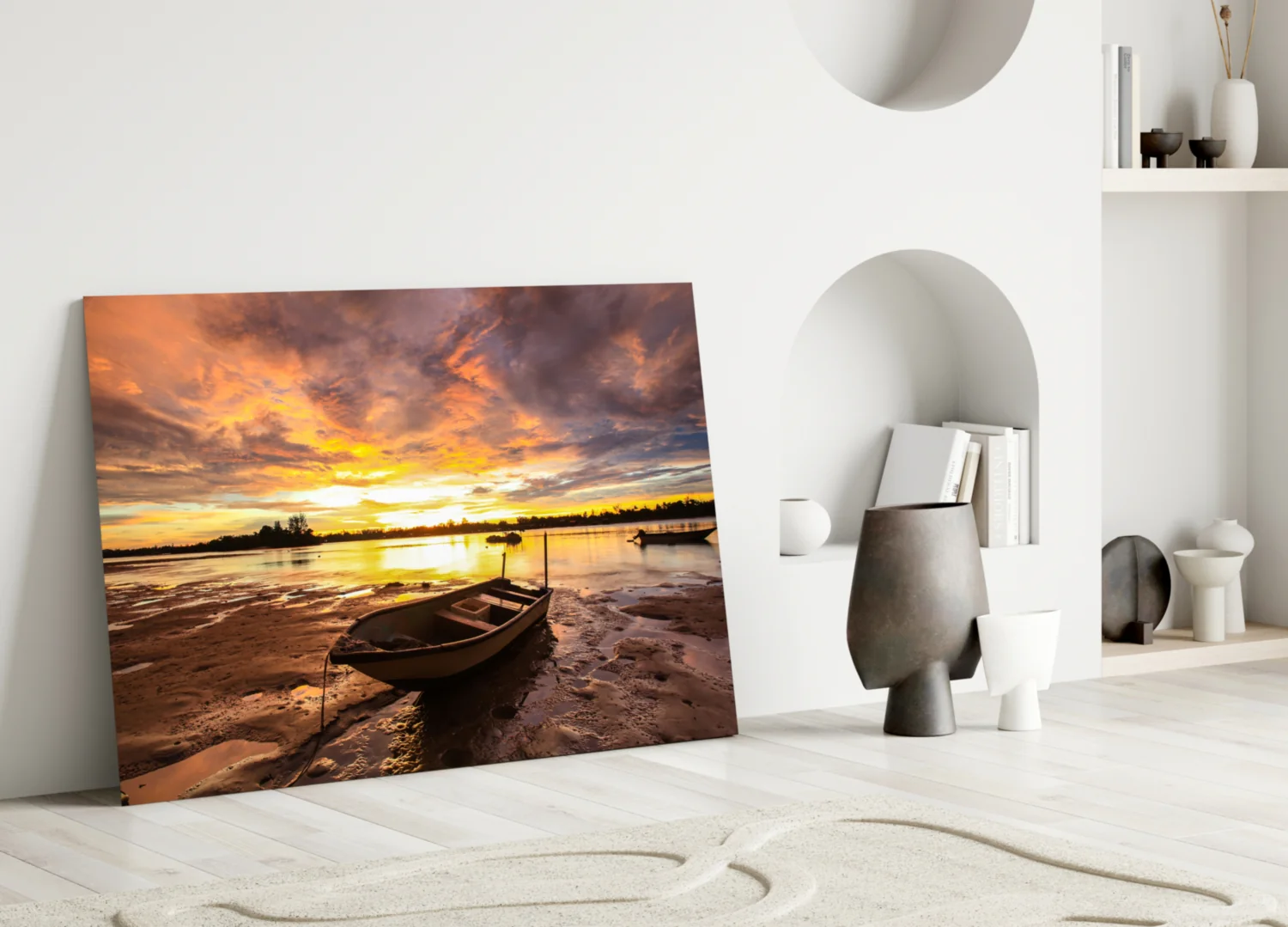 Purple Sunset Lake Boat Glass Wall Art - Image 3