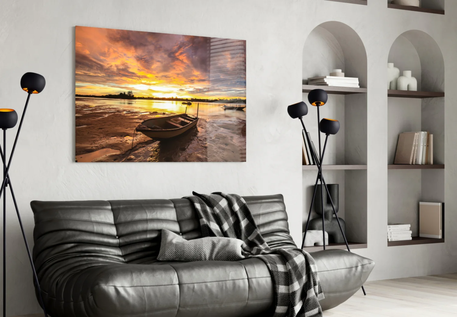 Purple Sunset Lake Boat Glass Wall Art - Image 4