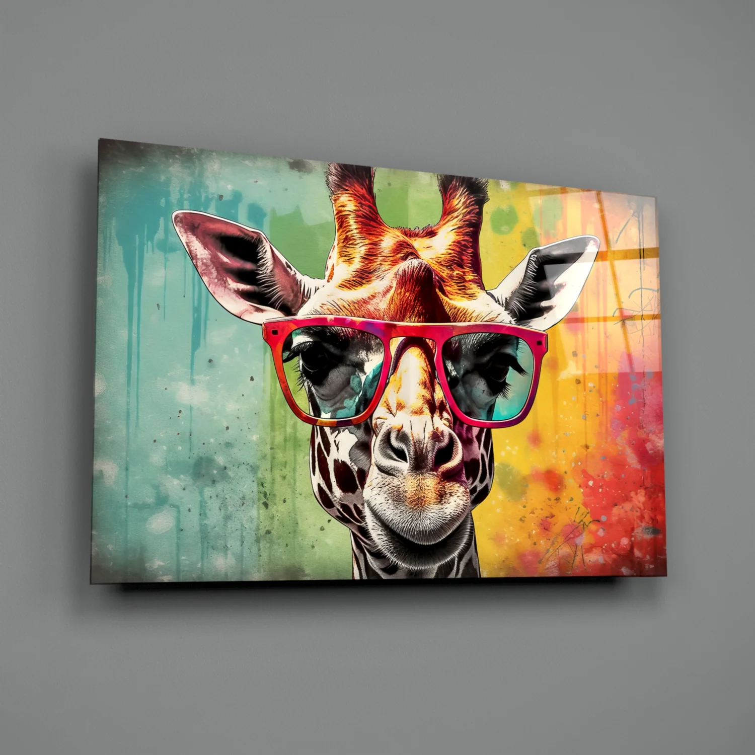 Rainbow Drip Giraffe Red Shades Glass Wall Art - Image 2