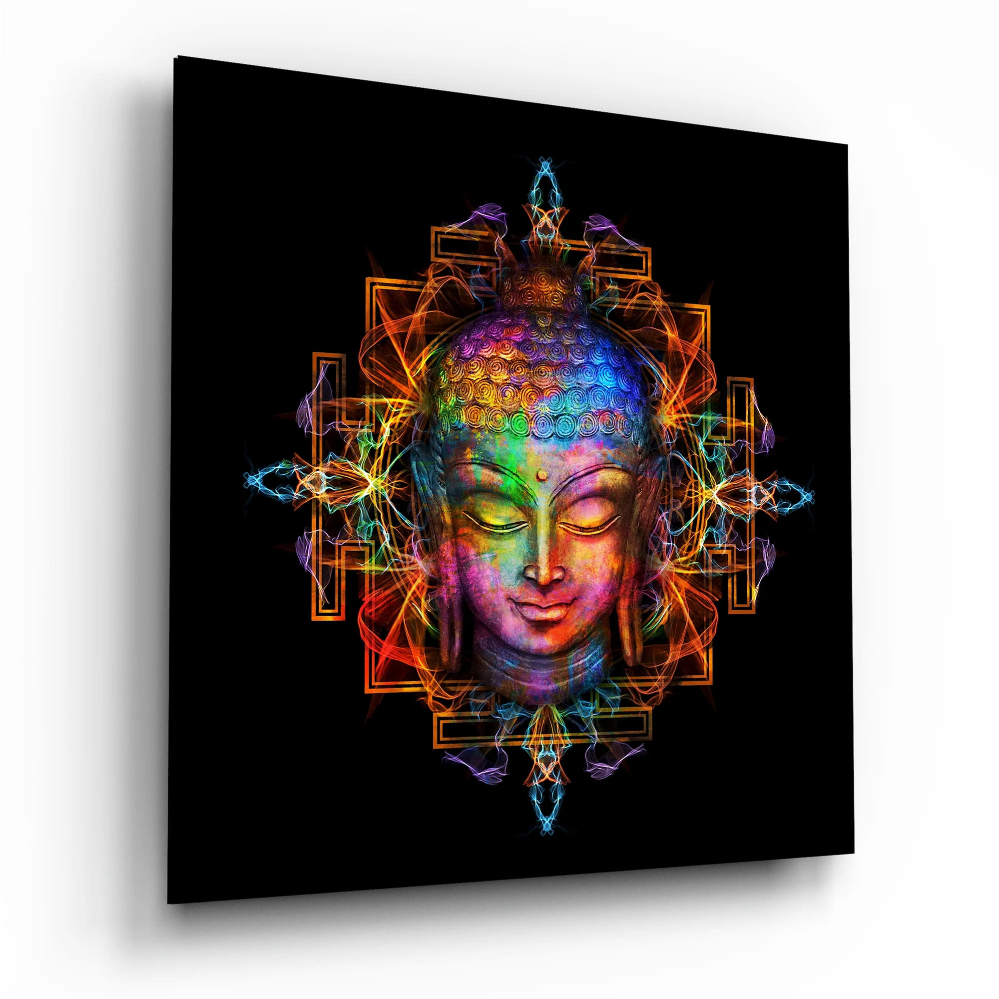 Rainbow Mandala Buddha Head Glass Wall Art