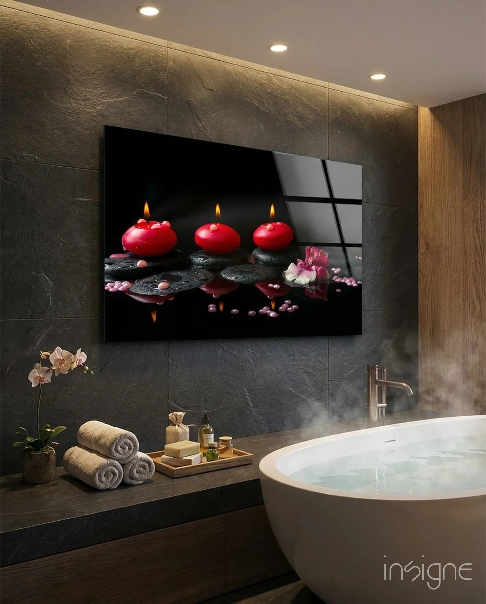 Red Candles Zen Stones Glass Wall Art