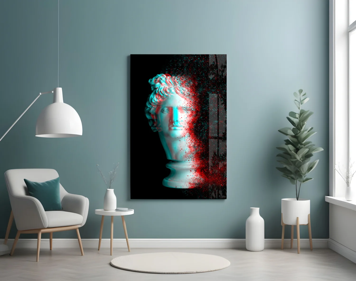 Red Cyan Glitch Apollo Head Glass Wall Art - Image 4