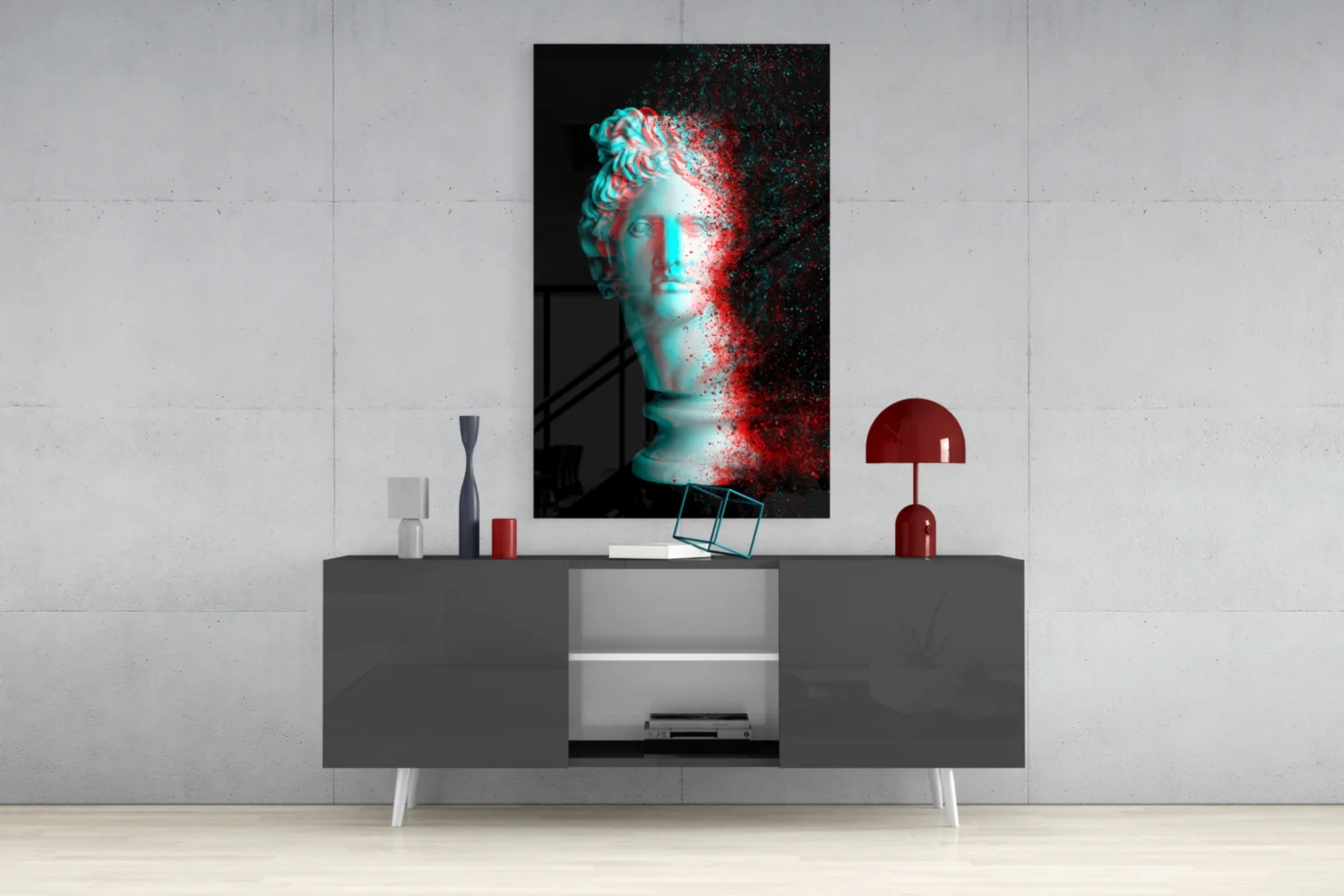 Red Cyan Glitch Apollo Head Glass Wall Art - Image 8