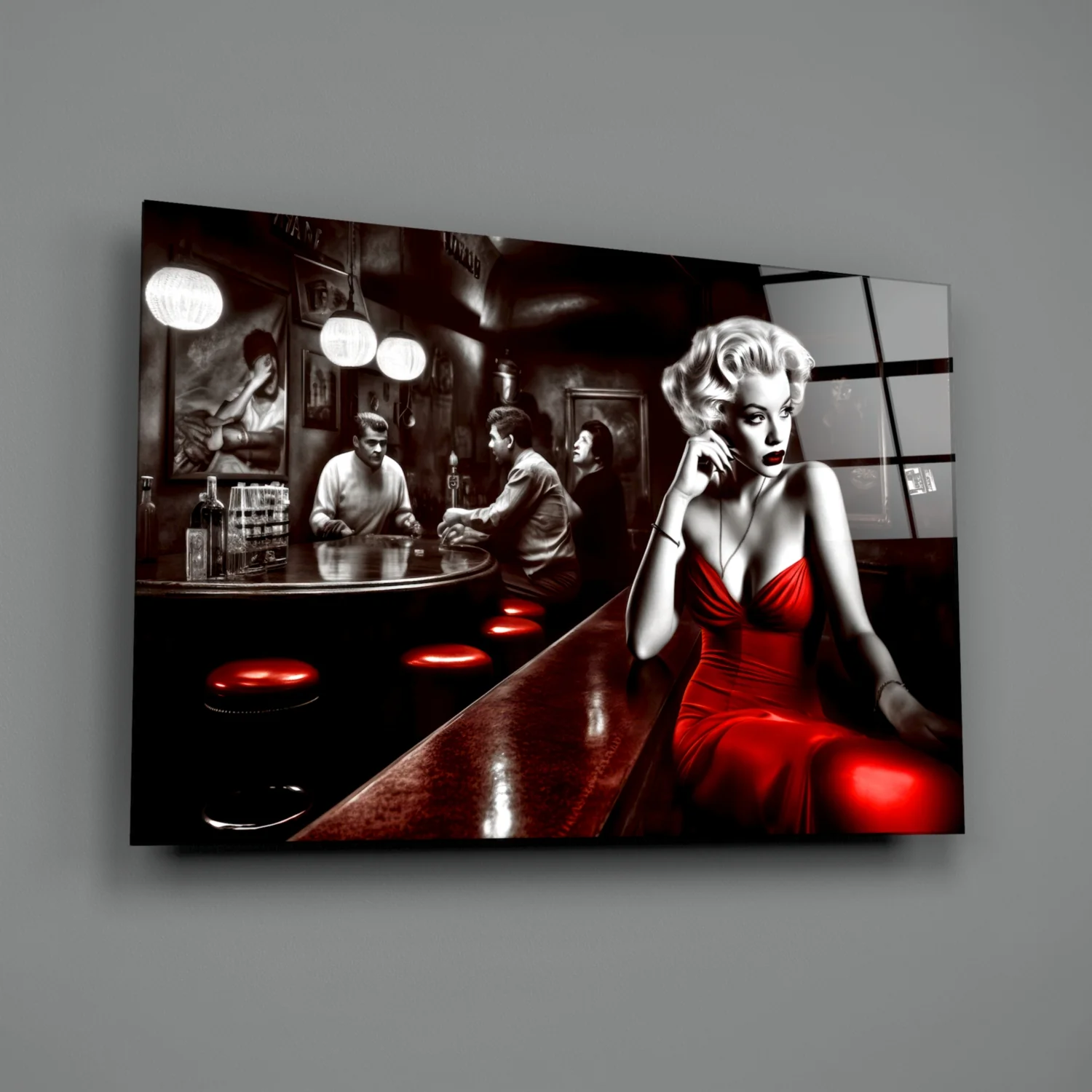 Red Dress Blonde on Bar Stool Glass Wall Art - Image 2