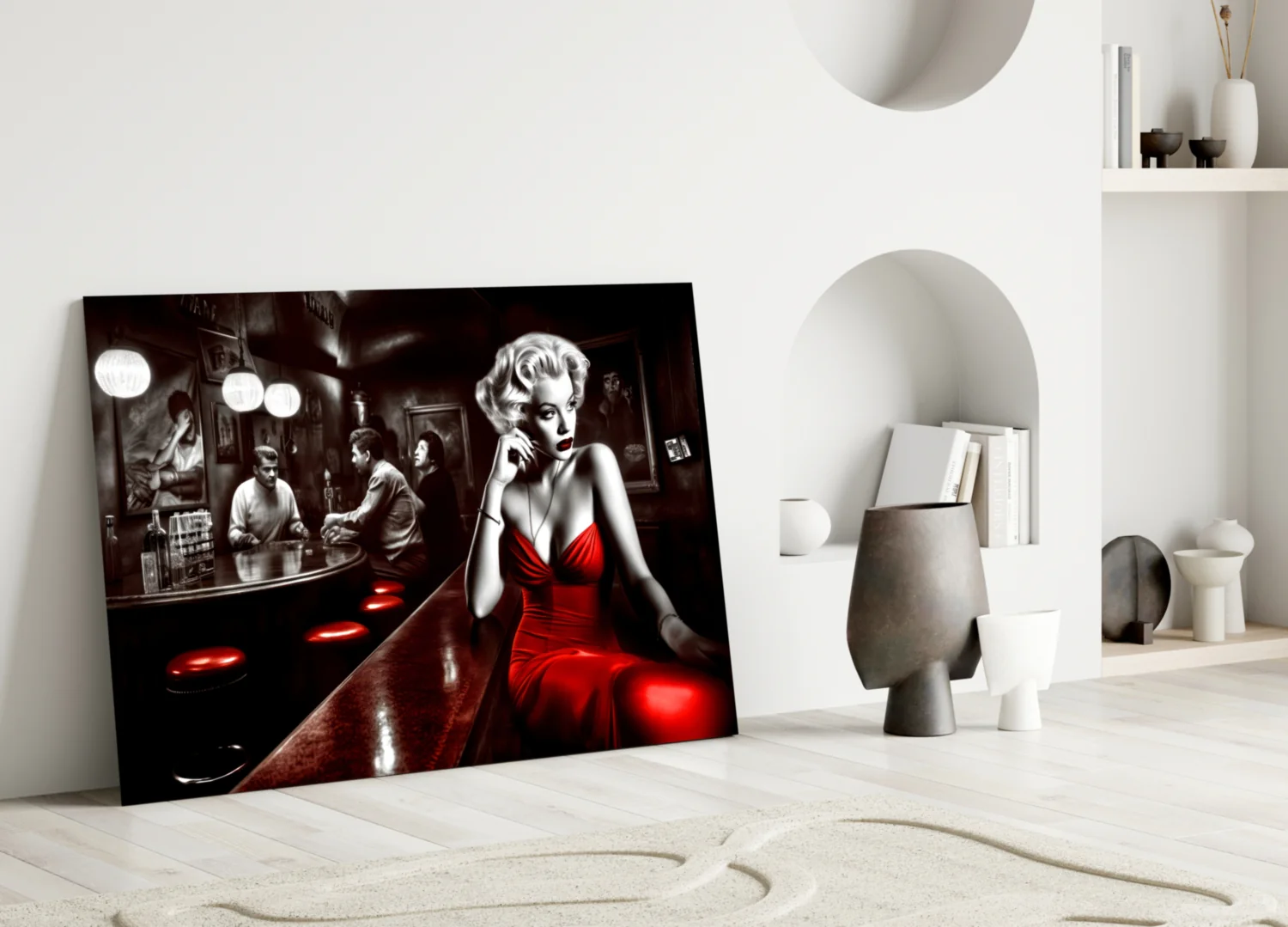 Red Dress Blonde on Bar Stool Glass Wall Art - Image 3
