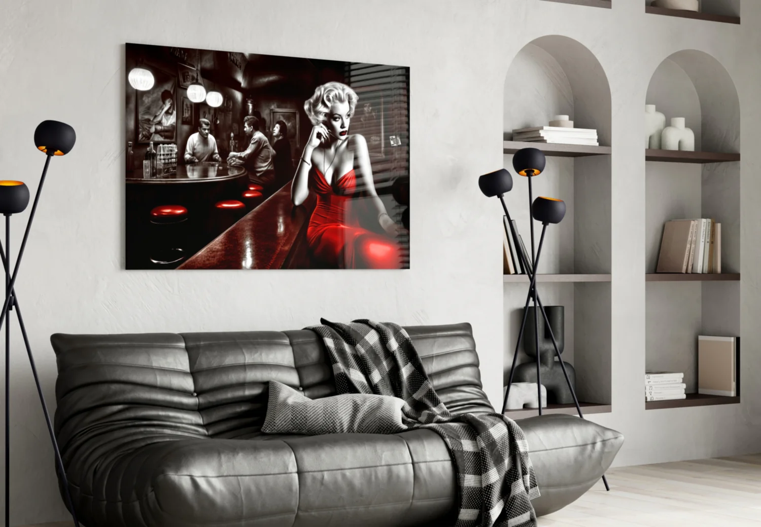 Red Dress Blonde on Bar Stool Glass Wall Art - Image 4