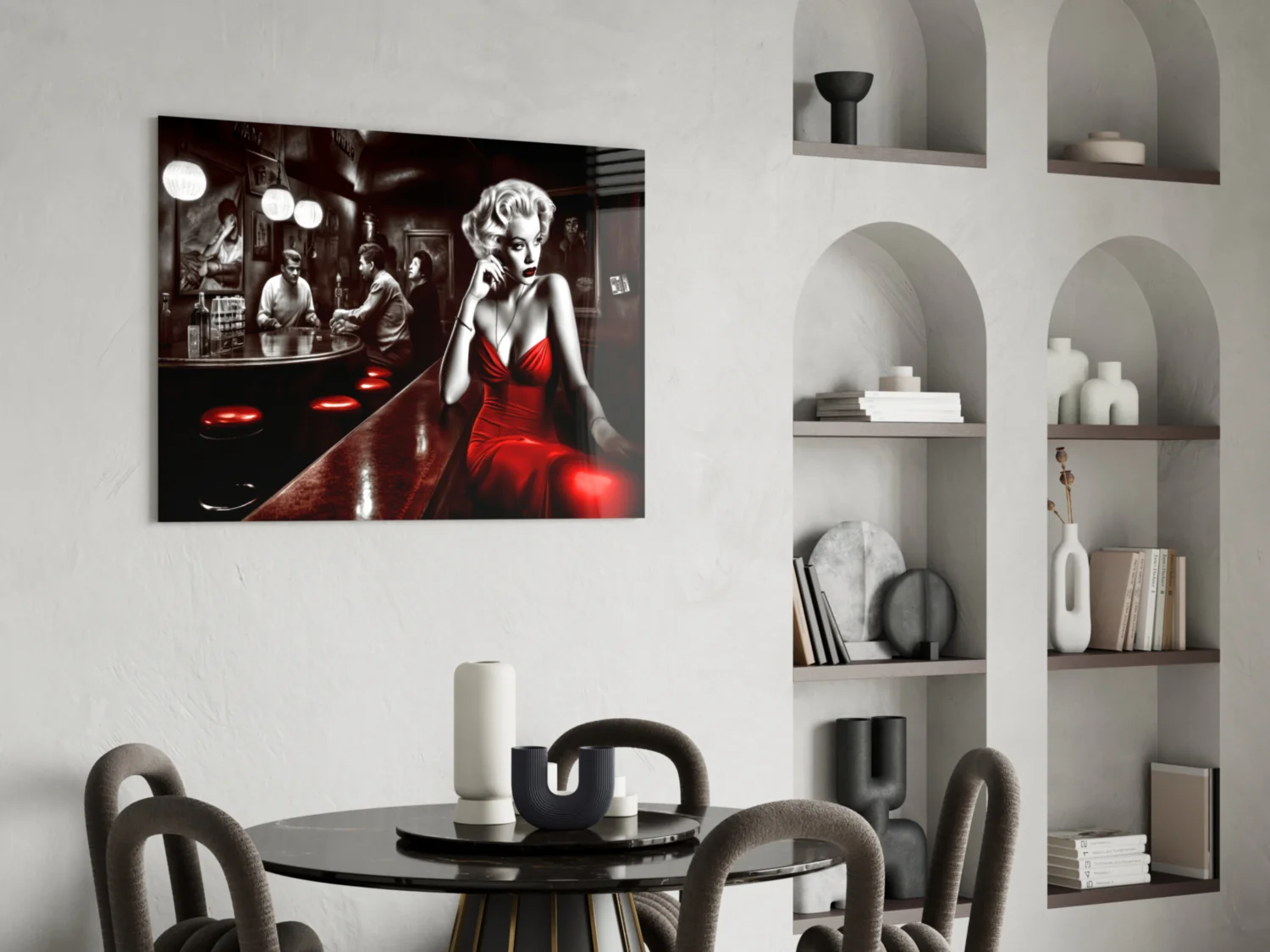 Red Dress Blonde on Bar Stool Glass Wall Art - Image 5