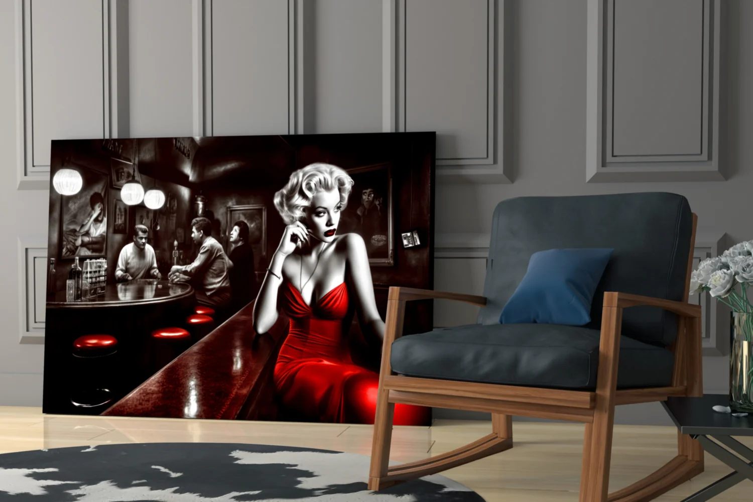 Red Dress Blonde on Bar Stool Glass Wall Art - Image 6