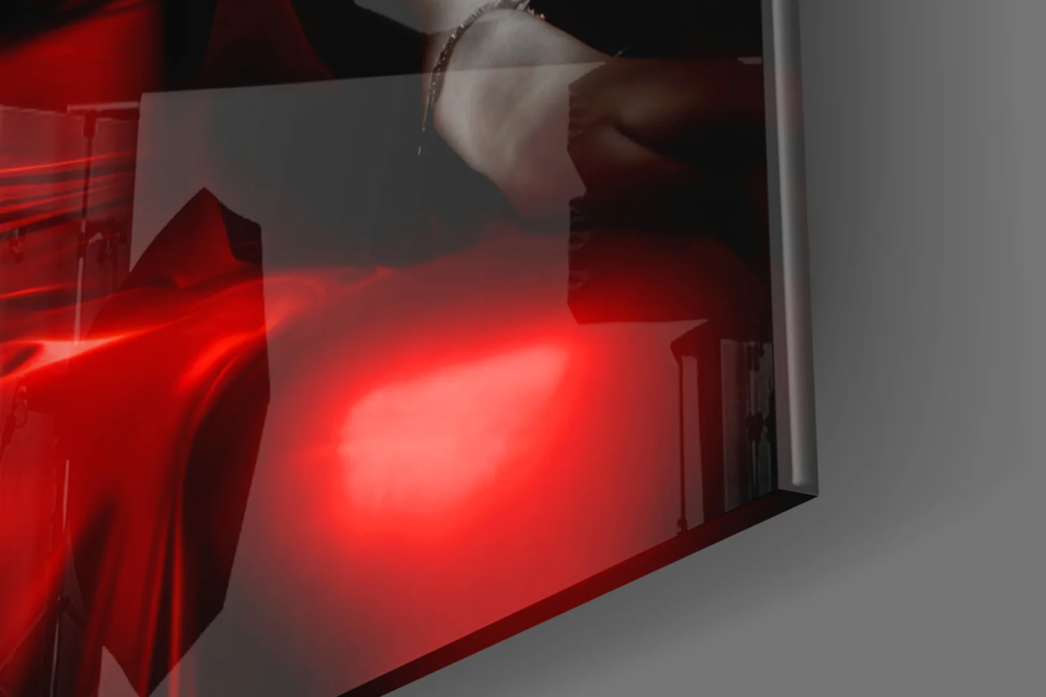 Red Dress Blonde on Bar Stool Glass Wall Art - Image 7
