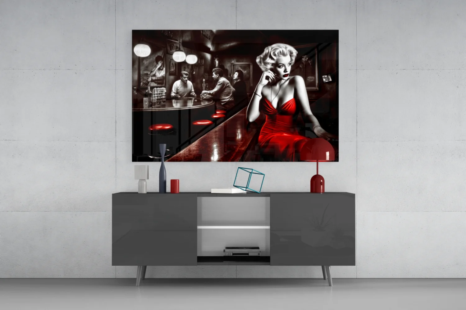 Red Dress Blonde on Bar Stool Glass Wall Art - Image 8