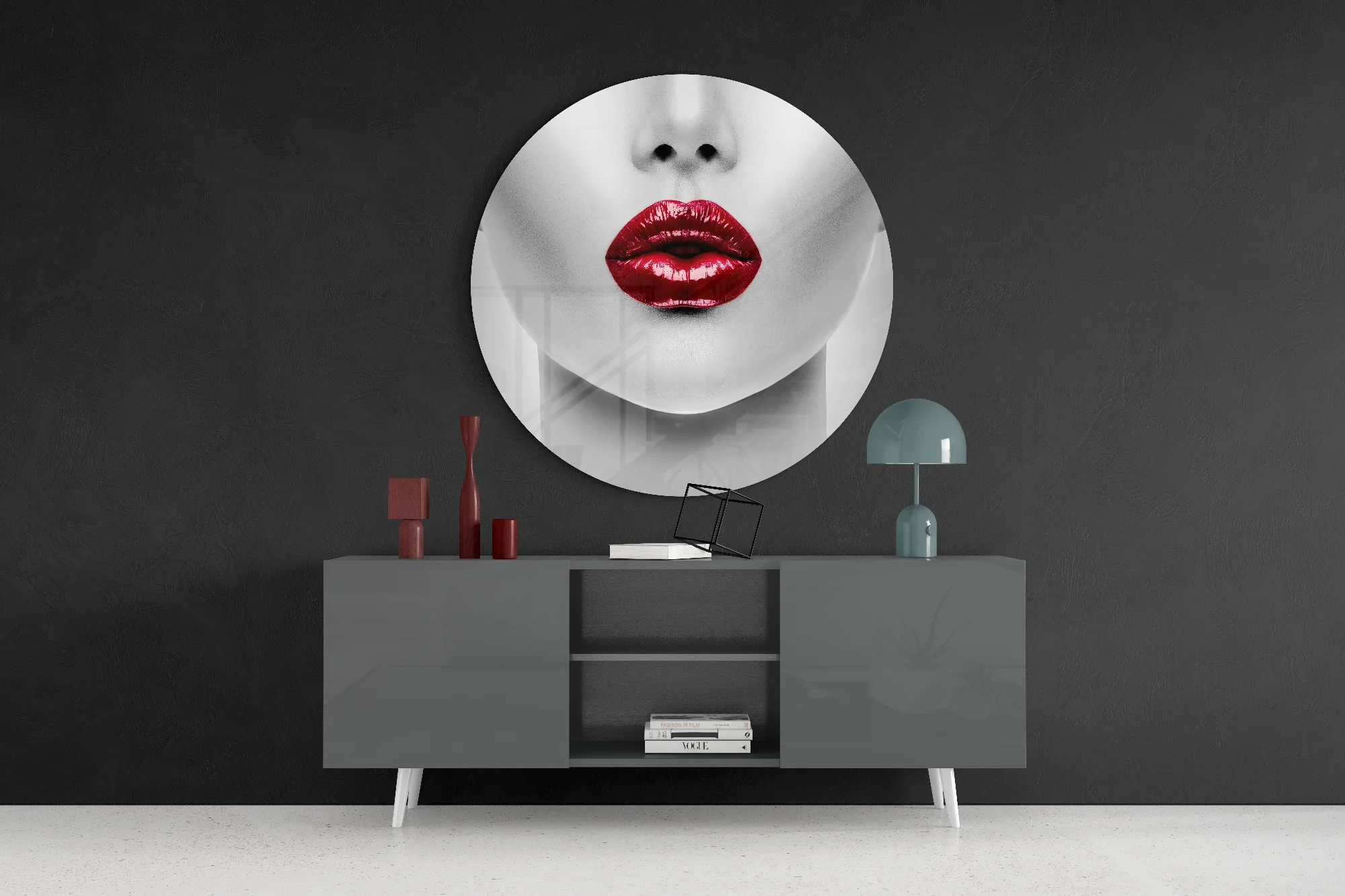 Red Glossy Lips Circle Glass Wall Art - Image 4