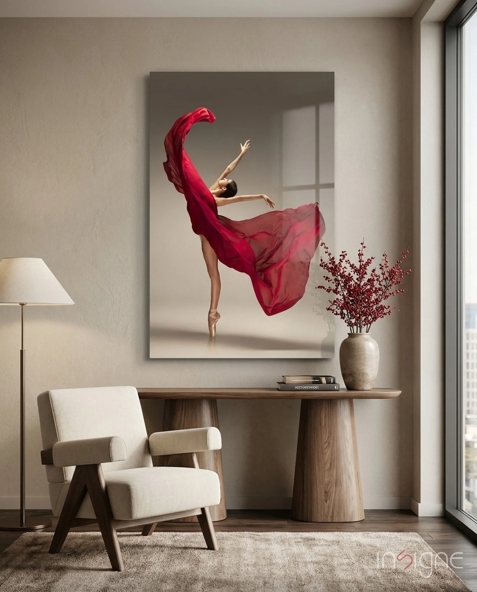 Red Gown Arabesque Ballerina Glass Wall Art