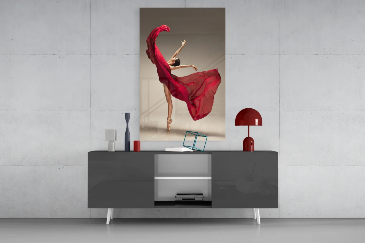 Red Gown Arabesque Ballerina Glass Wall Art - Image 9