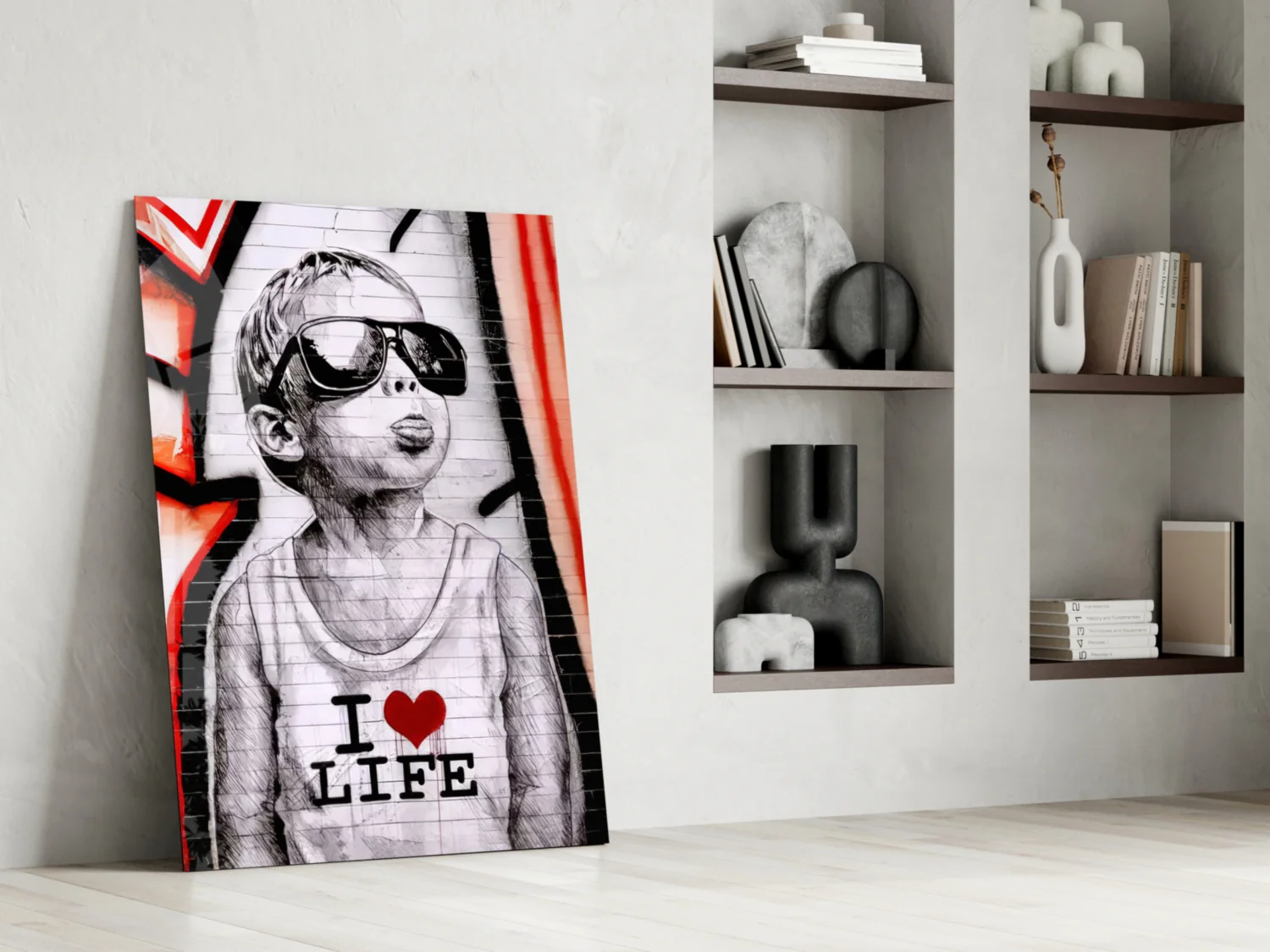 Red Graffiti Sunglasses Boy Glass Wall Art - Image 7