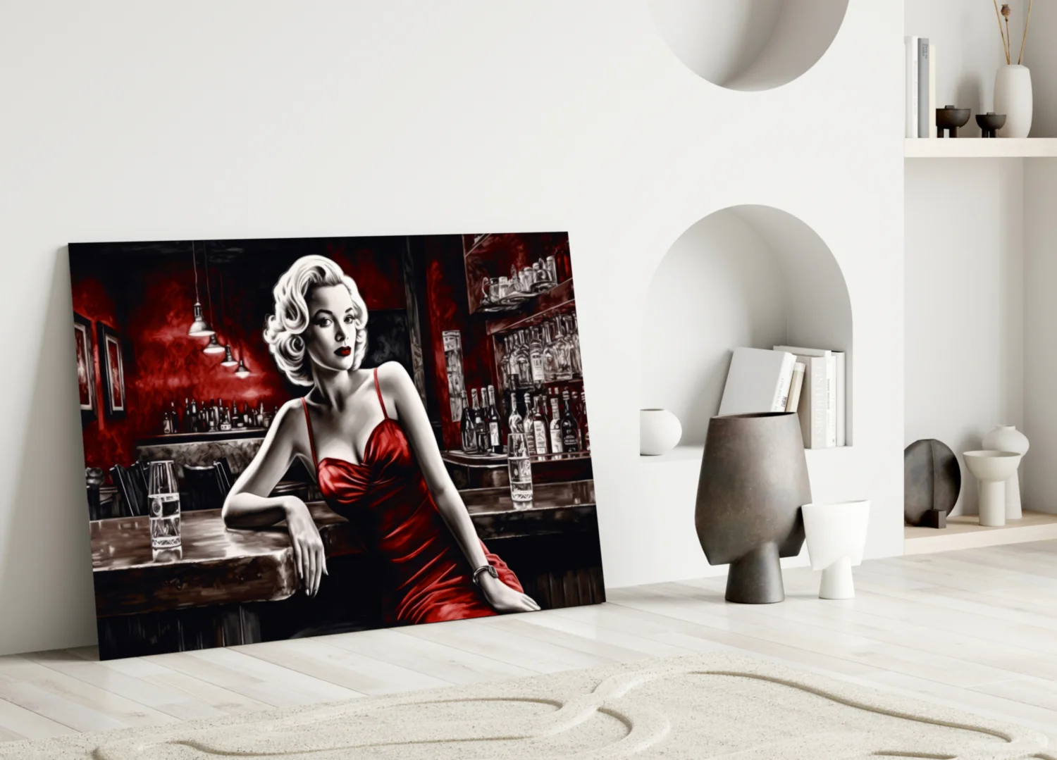 Red Satin Blonde Leaning on Bar Glass Wall Art - Image 3