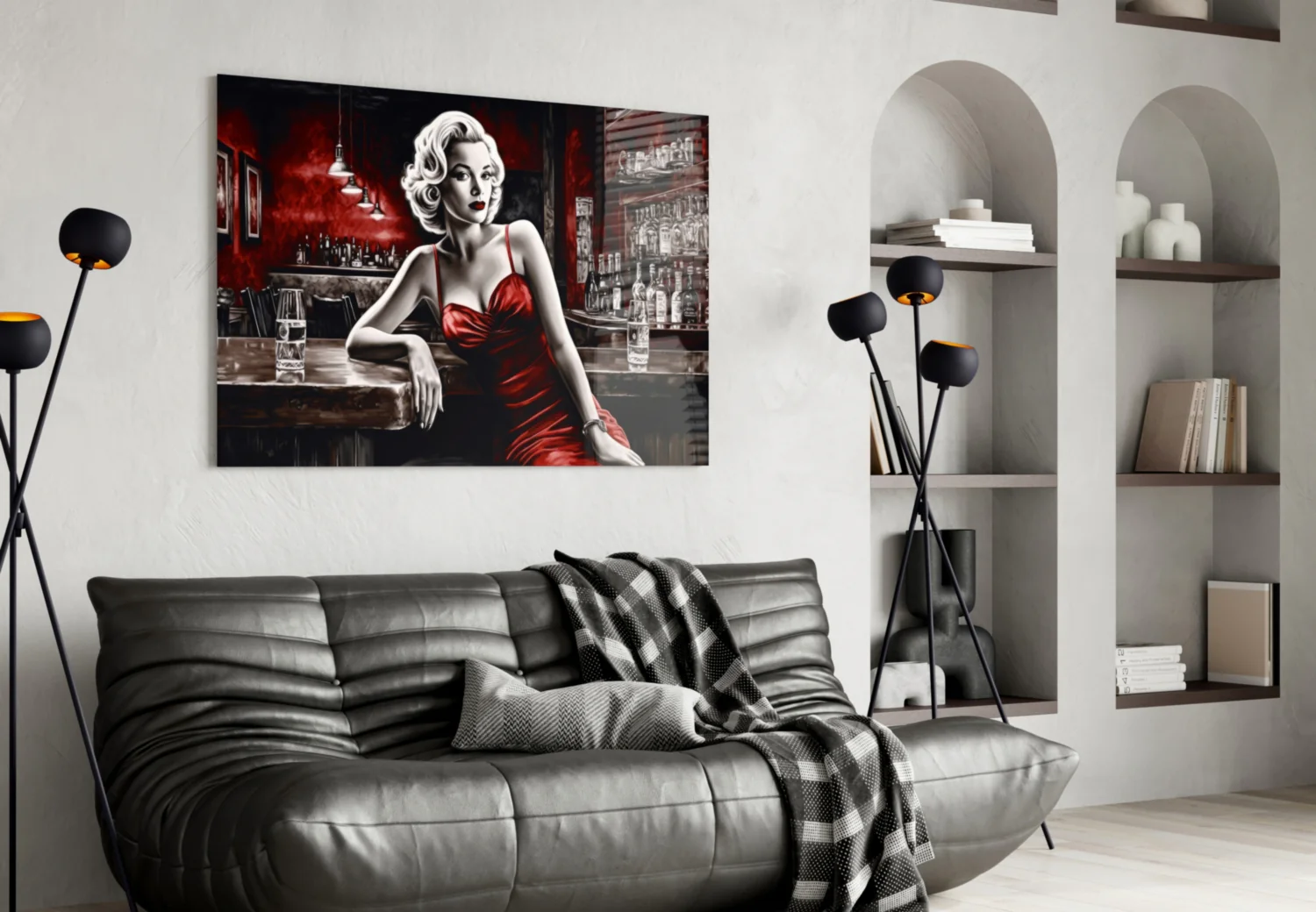 Red Satin Blonde Leaning on Bar Glass Wall Art - Image 4