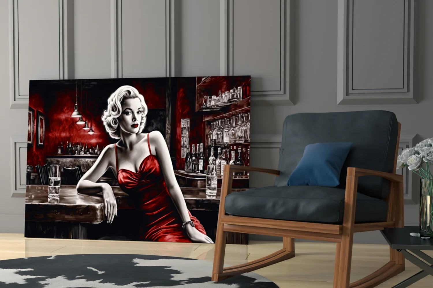 Red Satin Blonde Leaning on Bar Glass Wall Art - Image 6