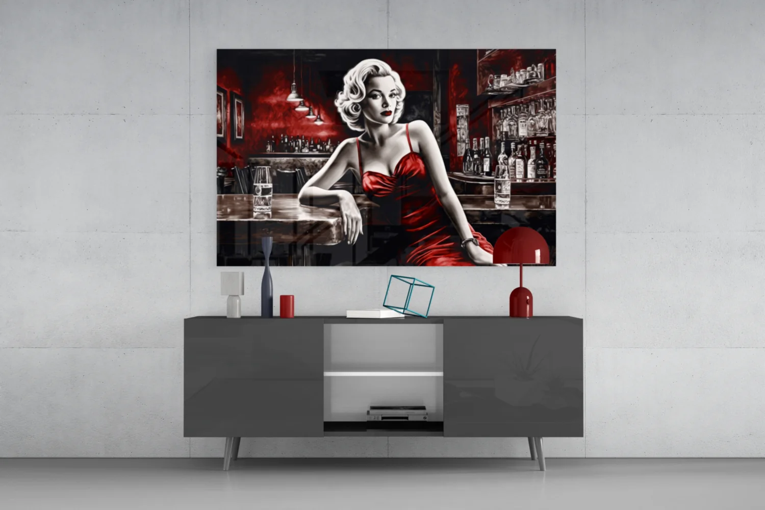Red Satin Blonde Leaning on Bar Glass Wall Art - Image 8