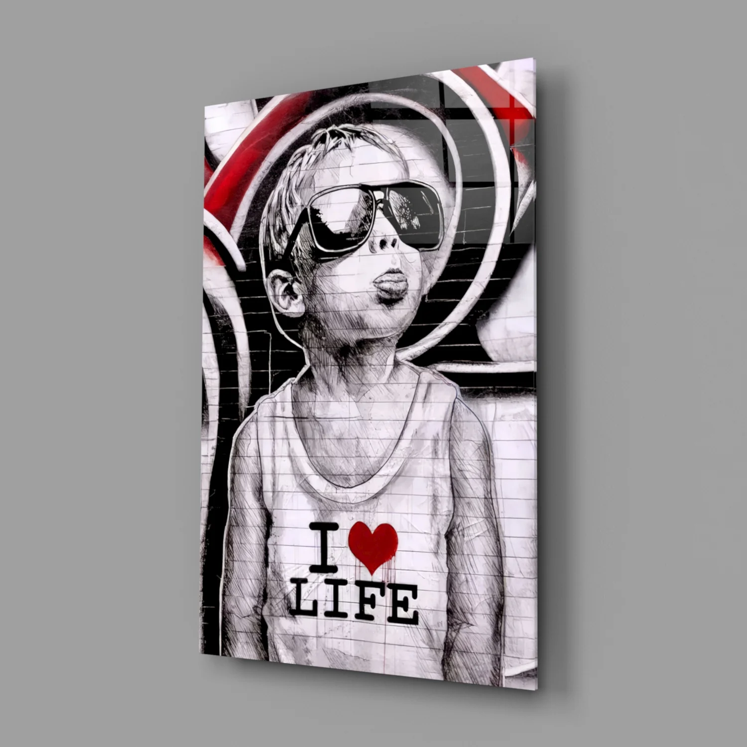 Red Swirl Sunglasses Boy Glass Wall Art - Image 3