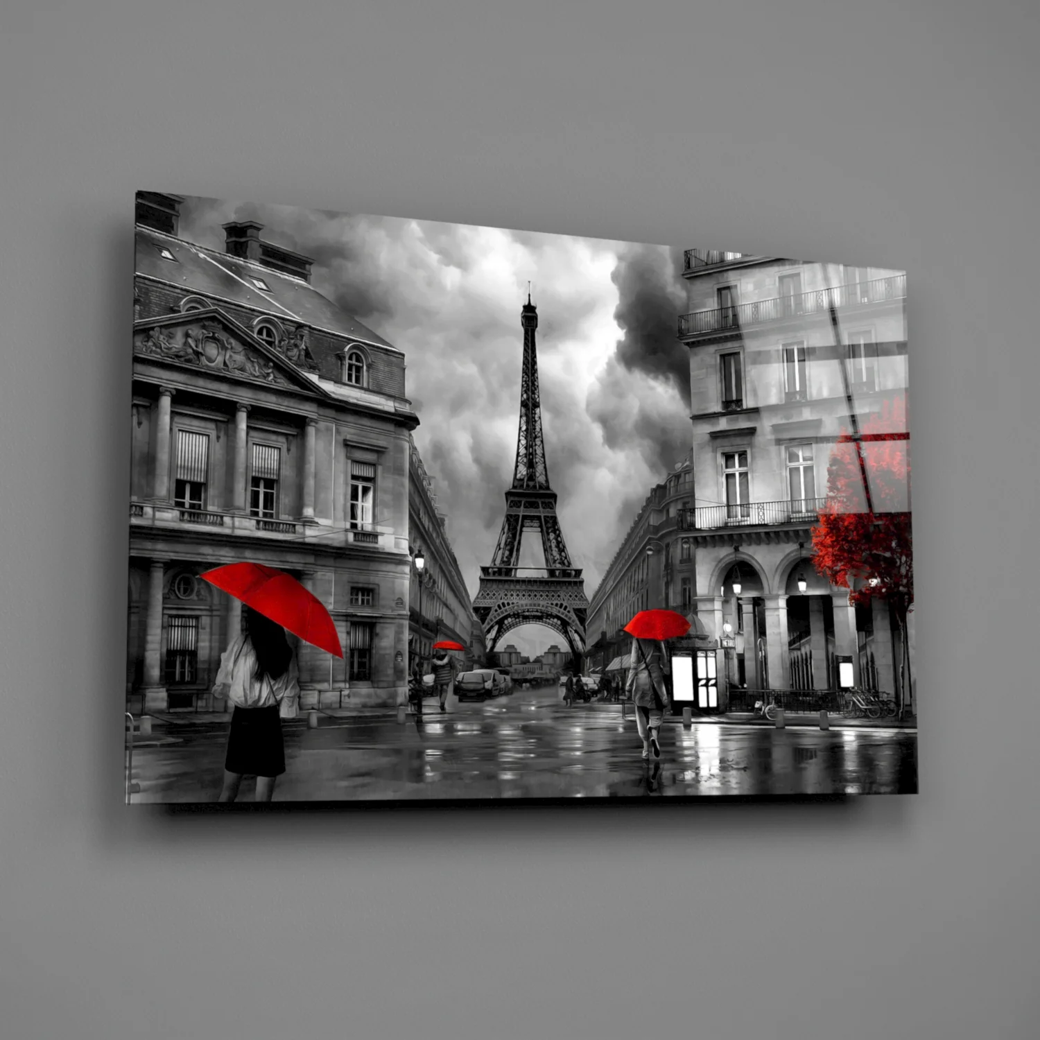 Red Umbrellas Paris Street Glass Wall Art - Image 2