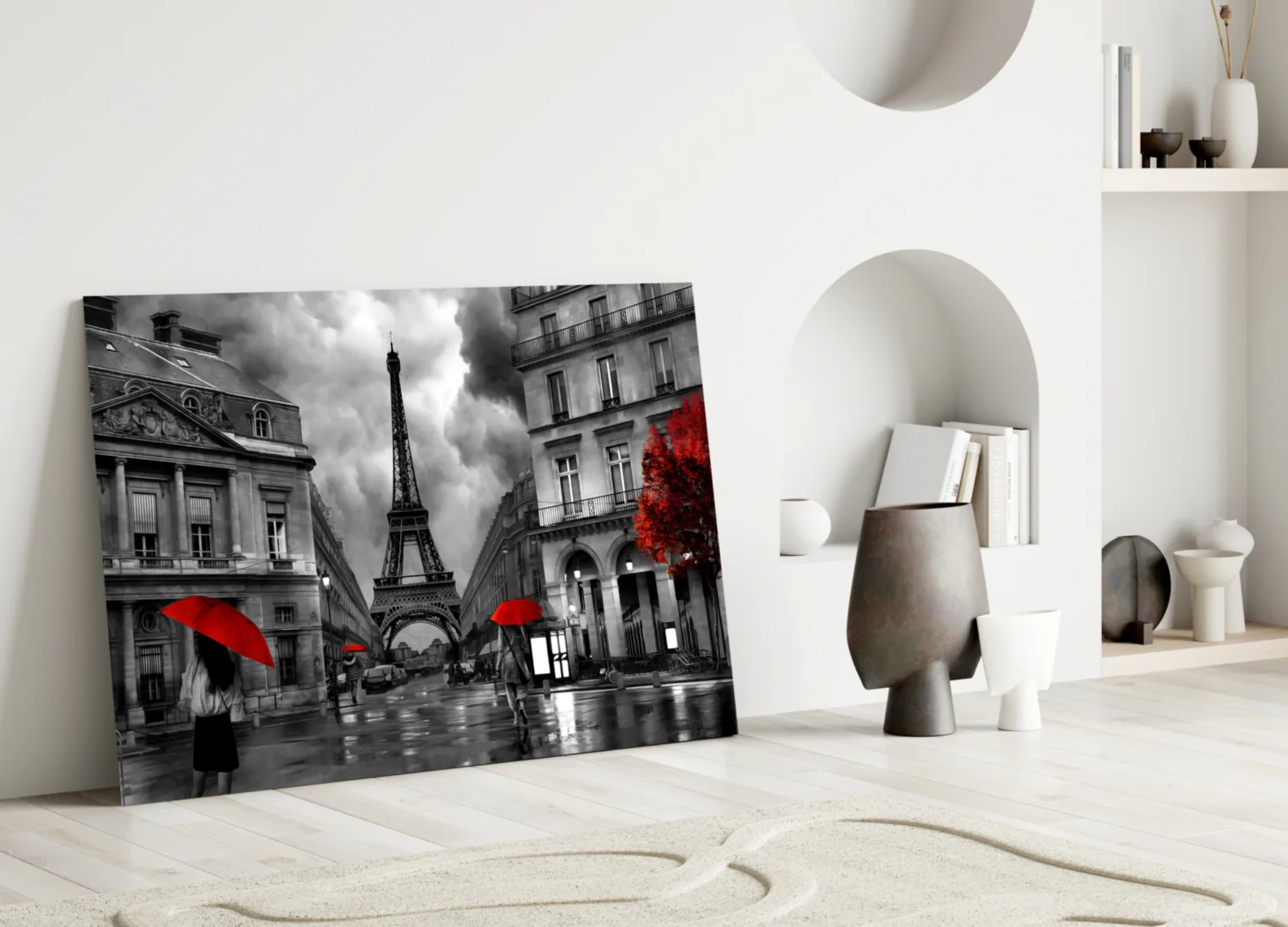 Red Umbrellas Paris Street Glass Wall Art - Image 3