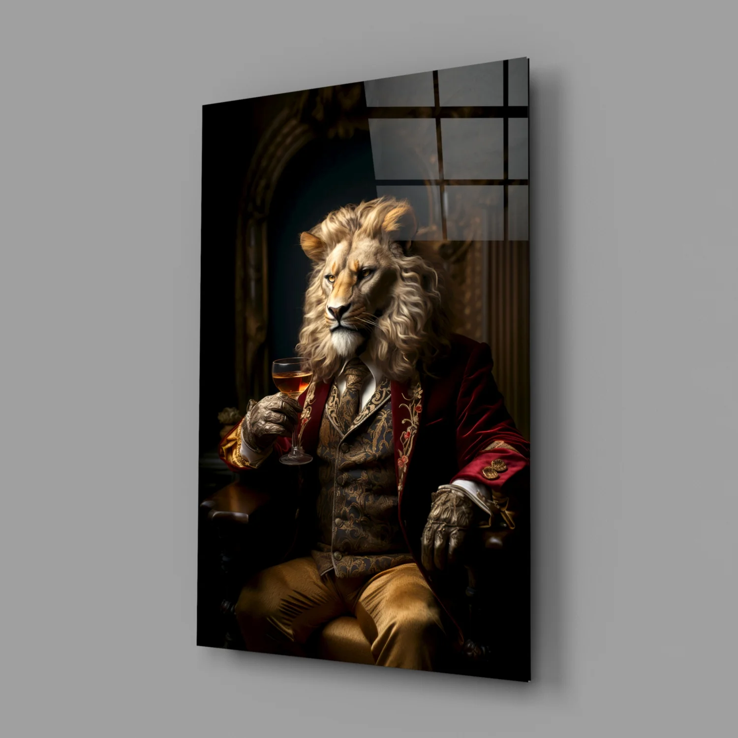 Regal Lion in Red Coat Glass Wall Art - Image 3
