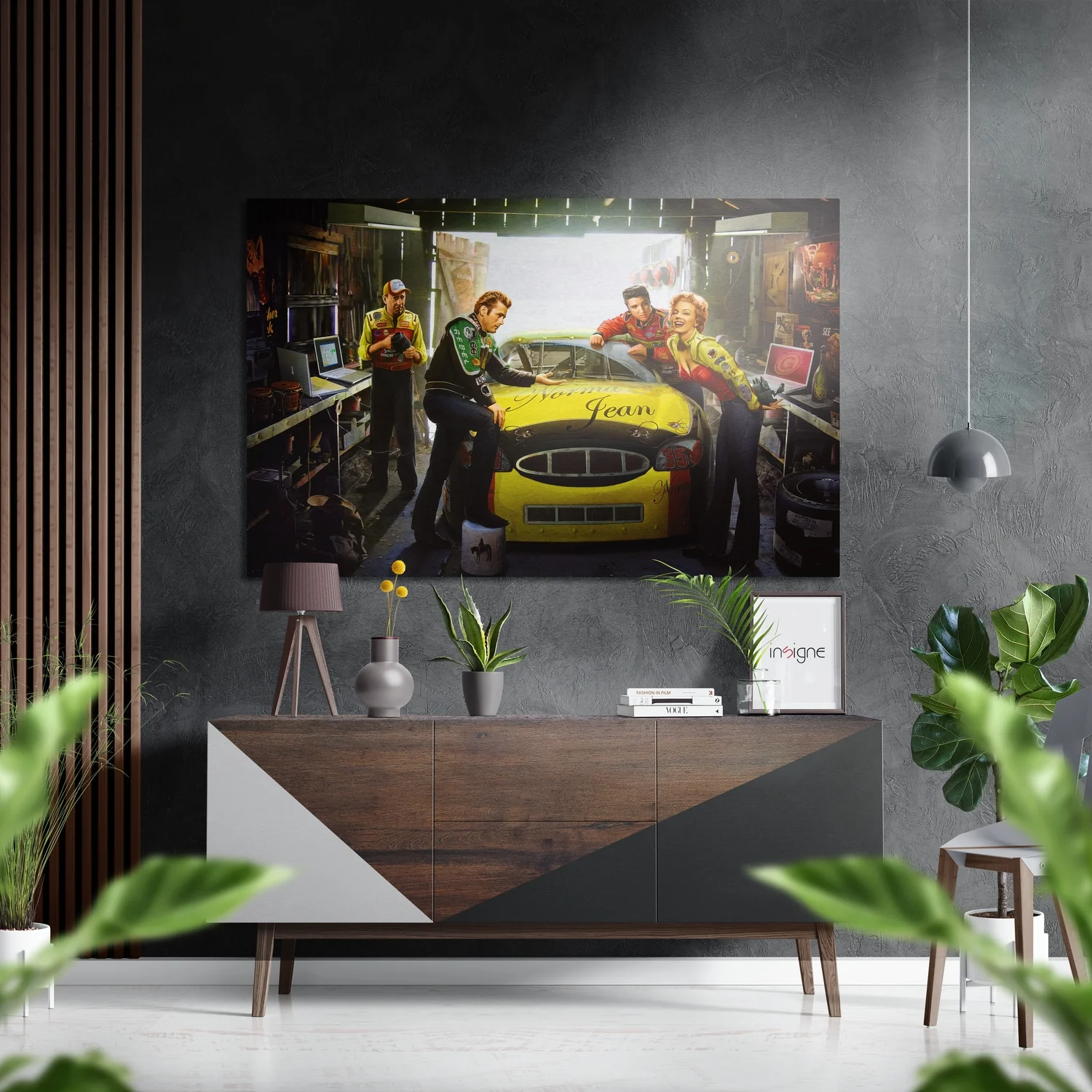 Retro Garage Yellow Racecar Brushed Aluminium Dibond Wall Art