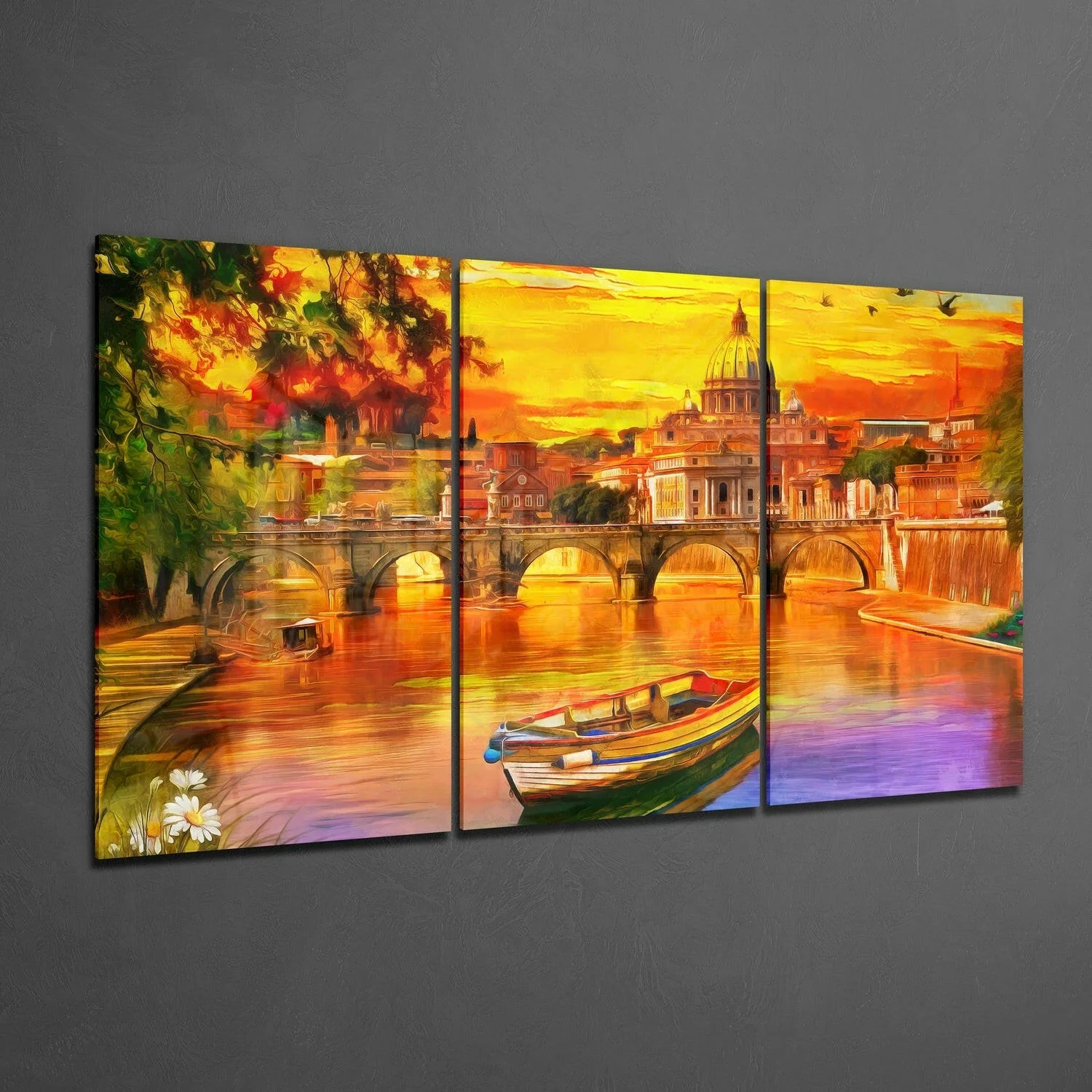 Riverside City Sunset Triptych Glass Wall Art - Image 2