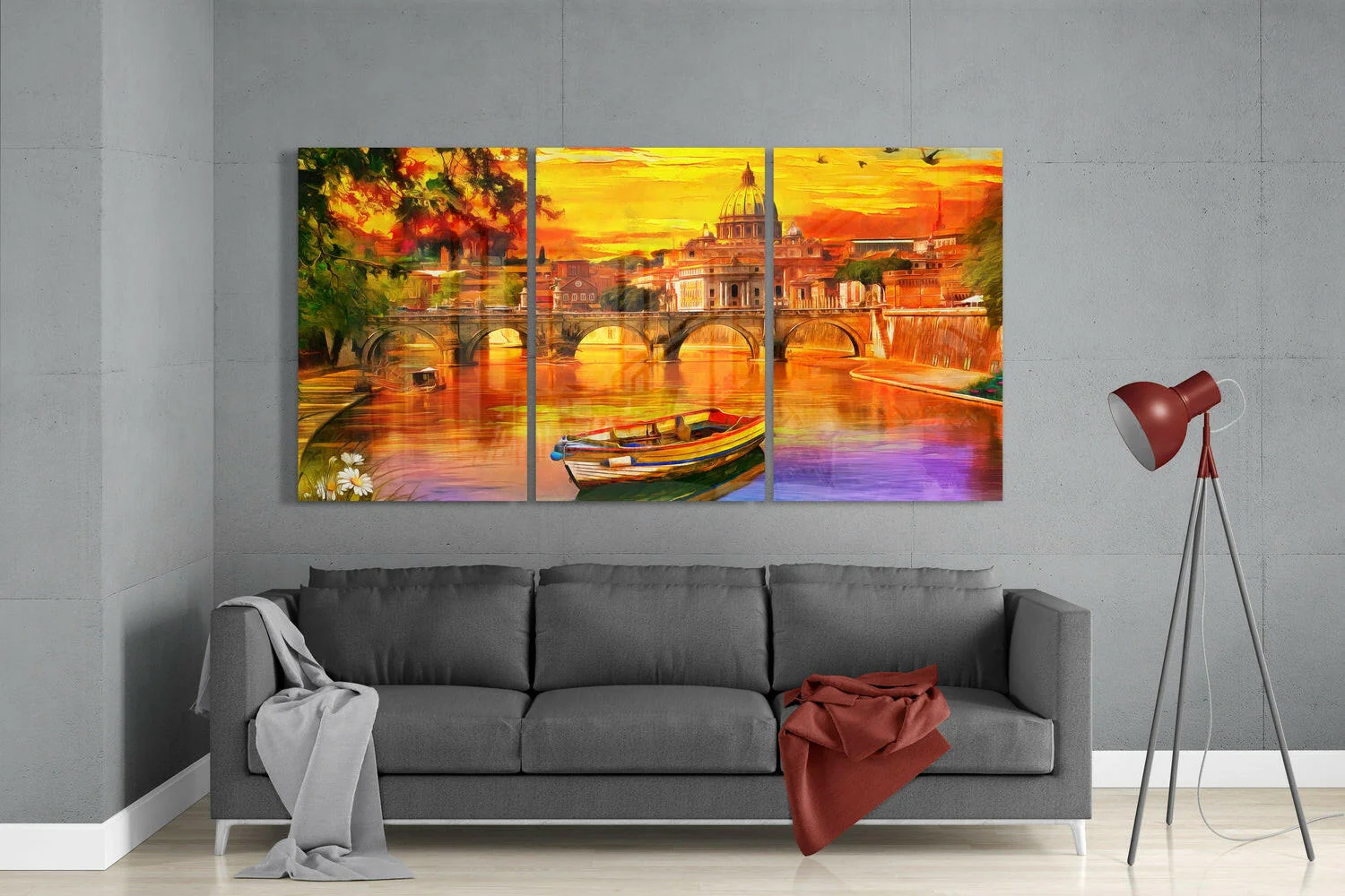 Riverside City Sunset Triptych Glass Wall Art - Image 3