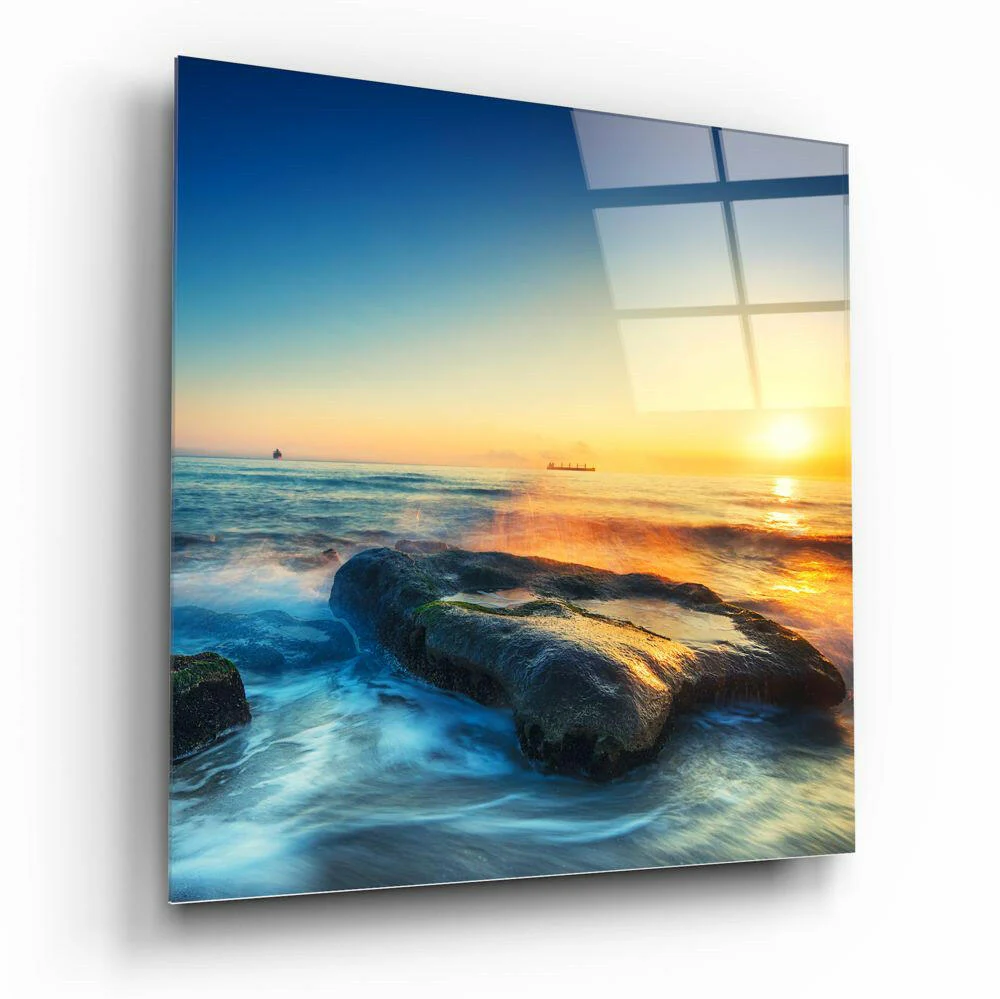 Rocky Shore Ocean Sunset Glass Wall Art - Image 2