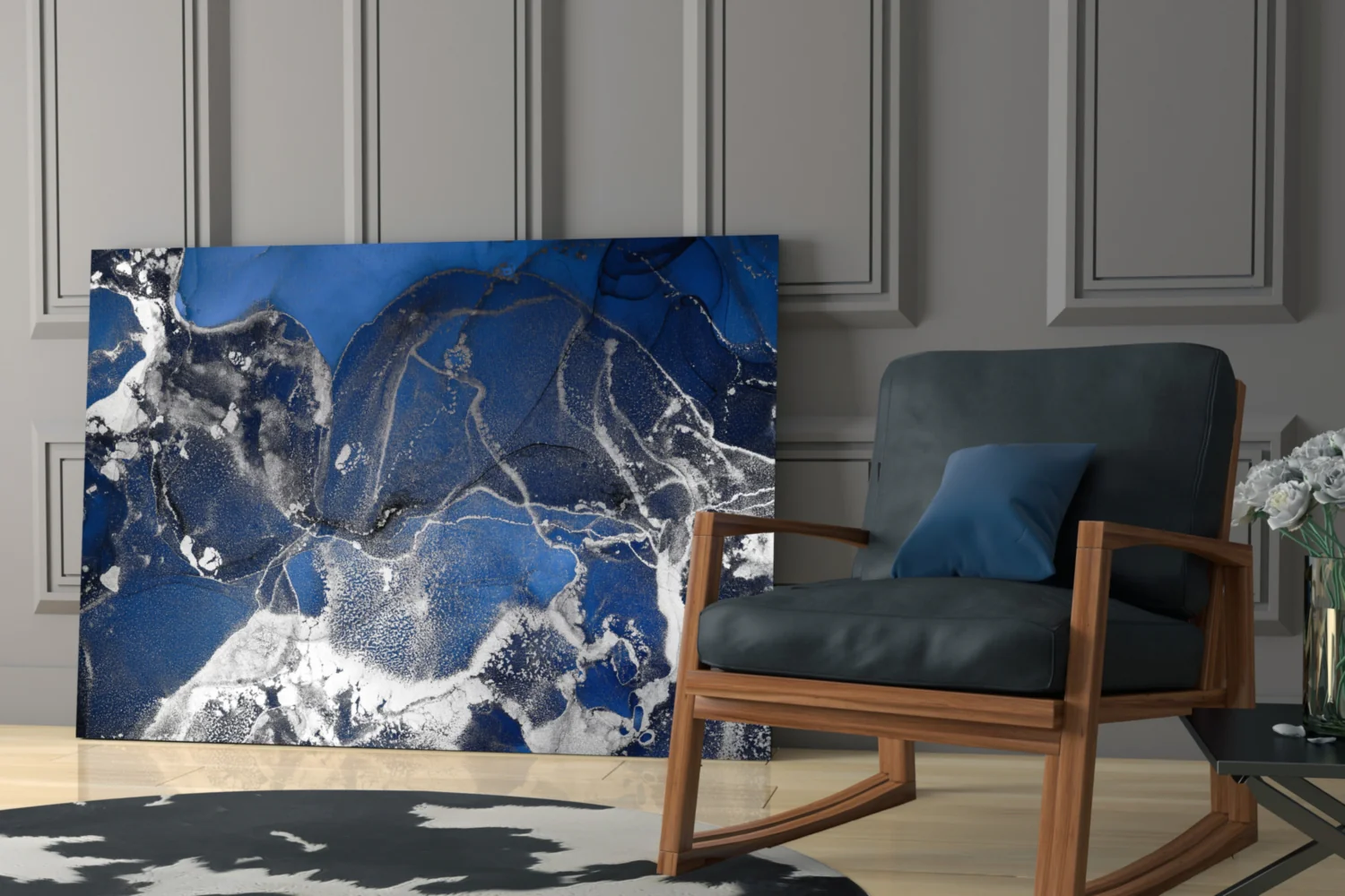 Royal Blue White Ink Glass Wall Art - Image 7