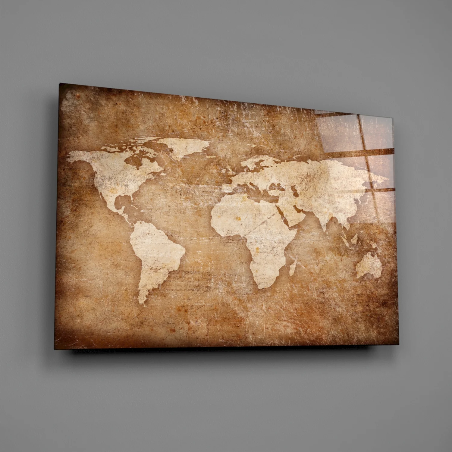 Rustic Brown Parchment World Map Glass Wall Art - Image 2