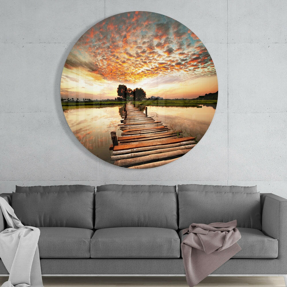 Rustic Log Bridge Rice Paddy Glass Wall Art - Image 2