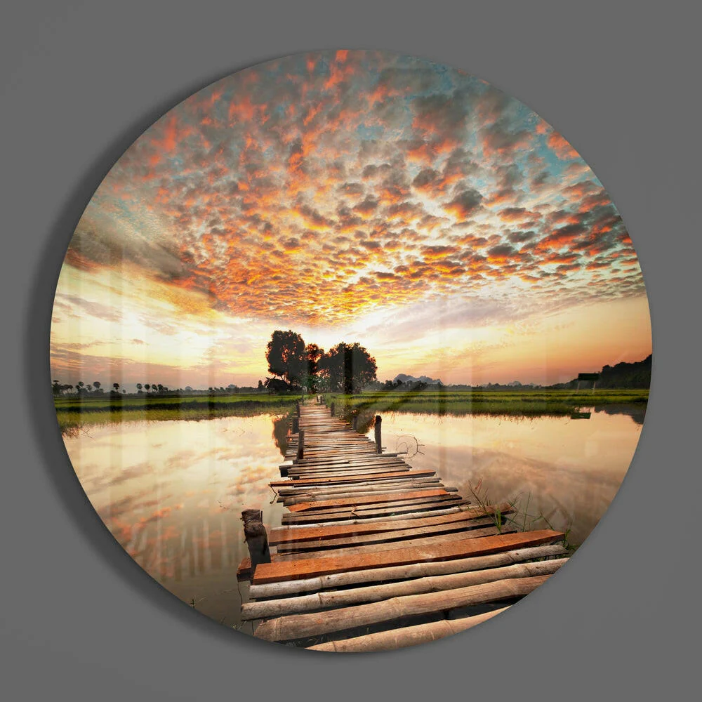 Rustic Log Bridge Rice Paddy Glass Wall Art - Image 3