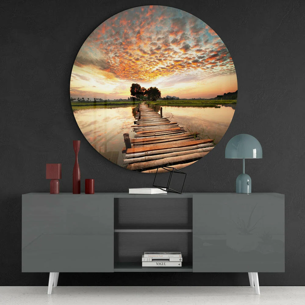 Rustic Log Bridge Rice Paddy Glass Wall Art - Image 4