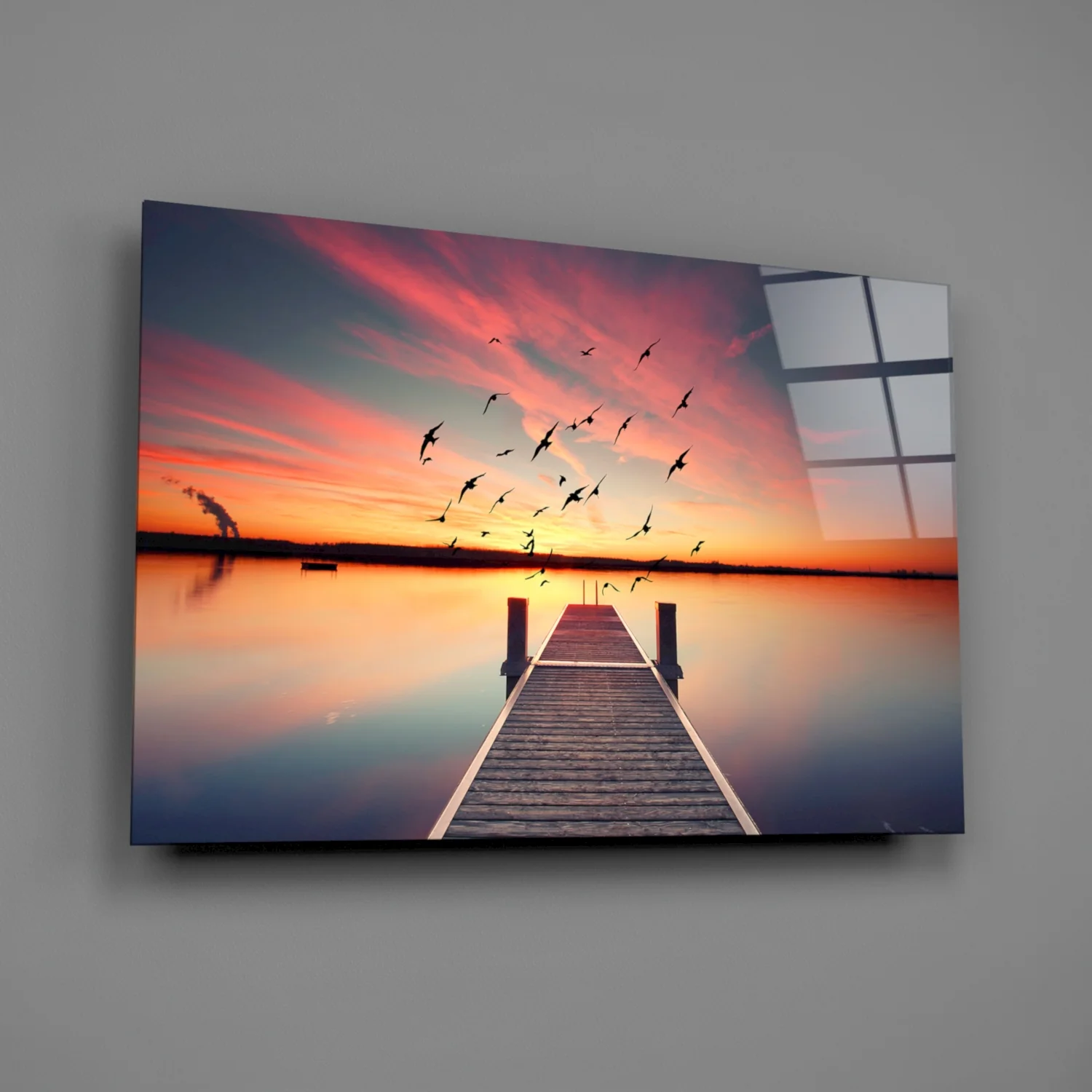 Rustic Pier Bird Flock Sunset Glass Wall Art - Image 3