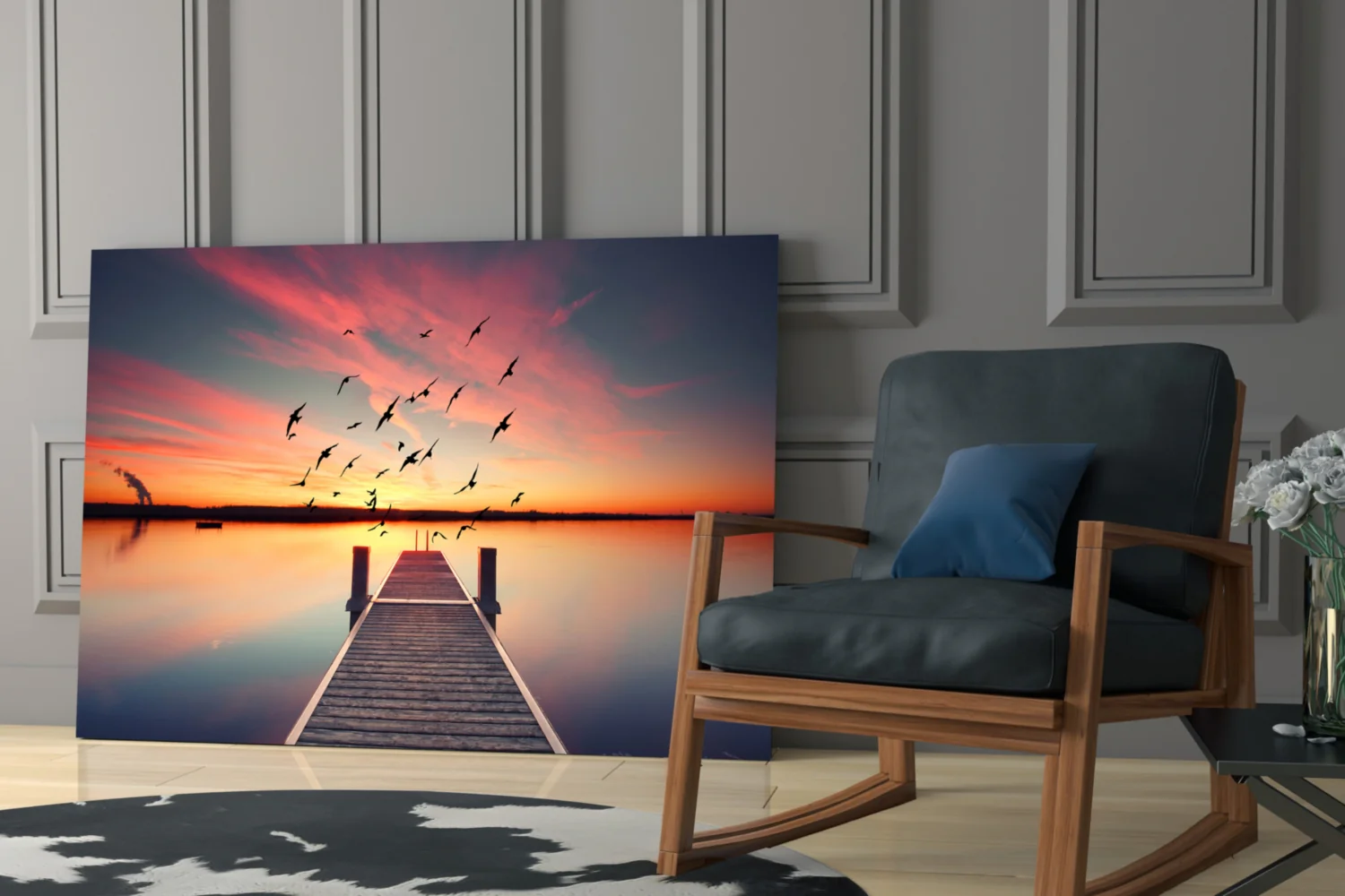 Rustic Pier Bird Flock Sunset Glass Wall Art - Image 7