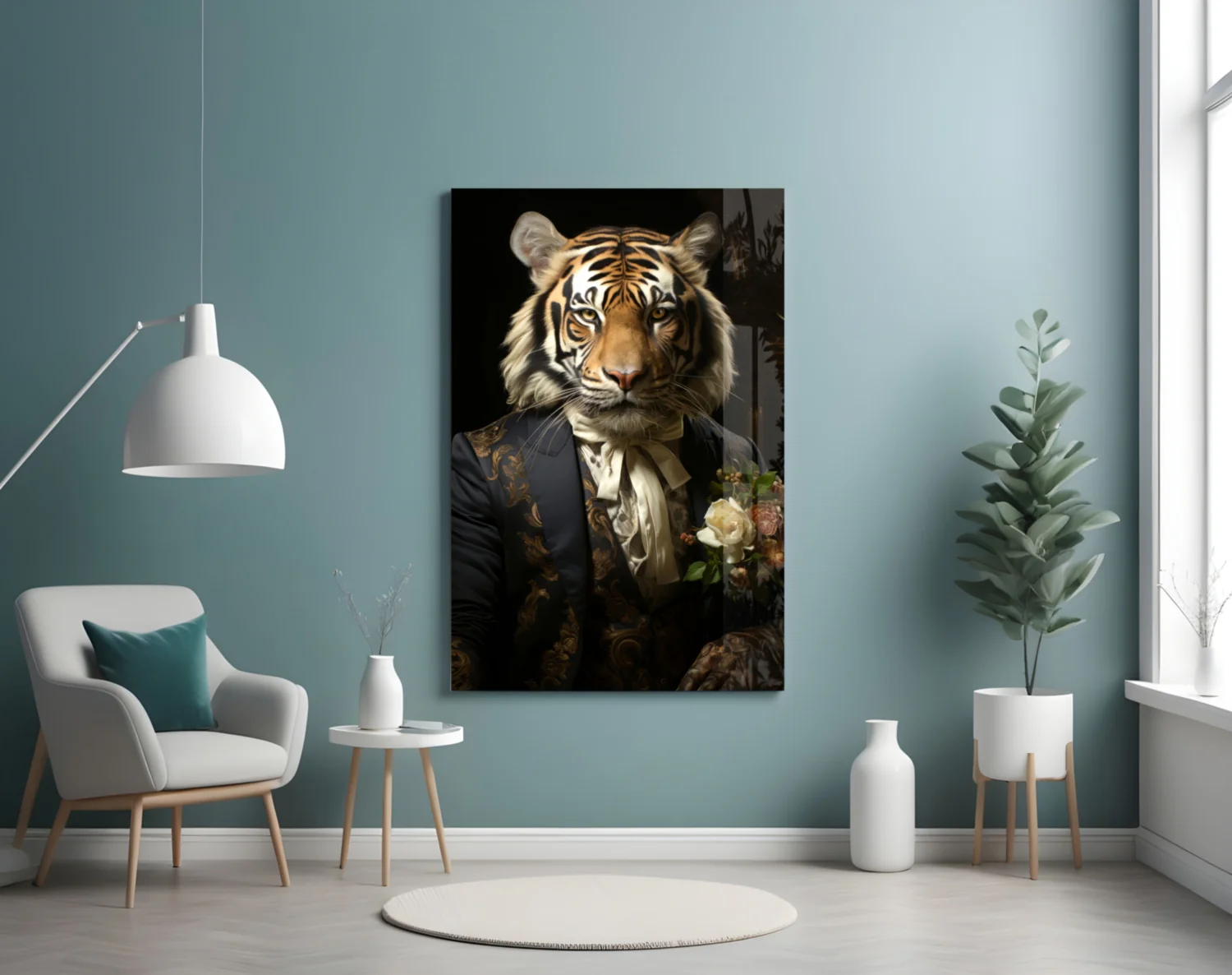 Brocade Suit Tiger with Cravat Glass Wall Art - Image 5