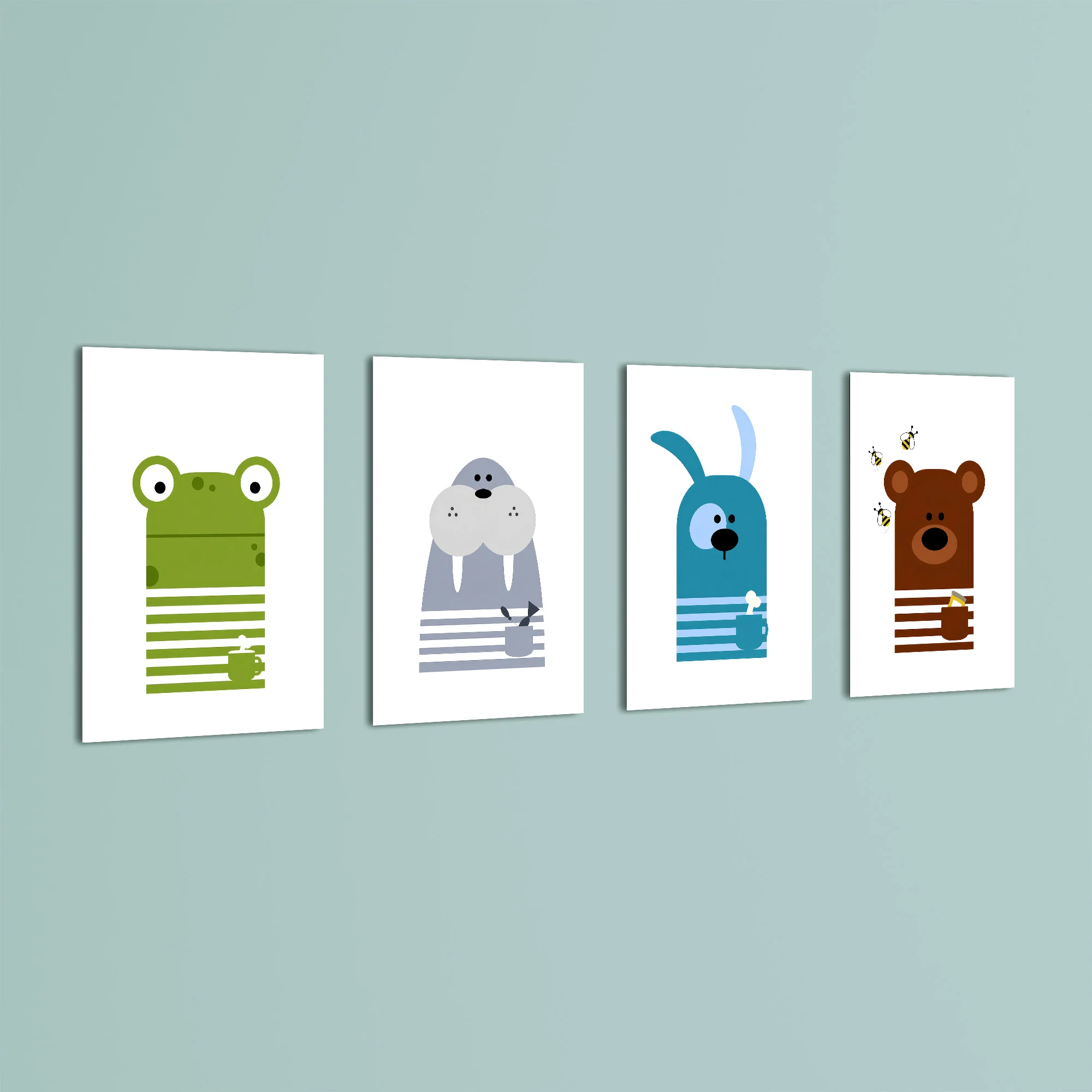 Scandinavian Animals Frog Walrus Dog Bear 4 Pieces Kids Metal Wall Art
