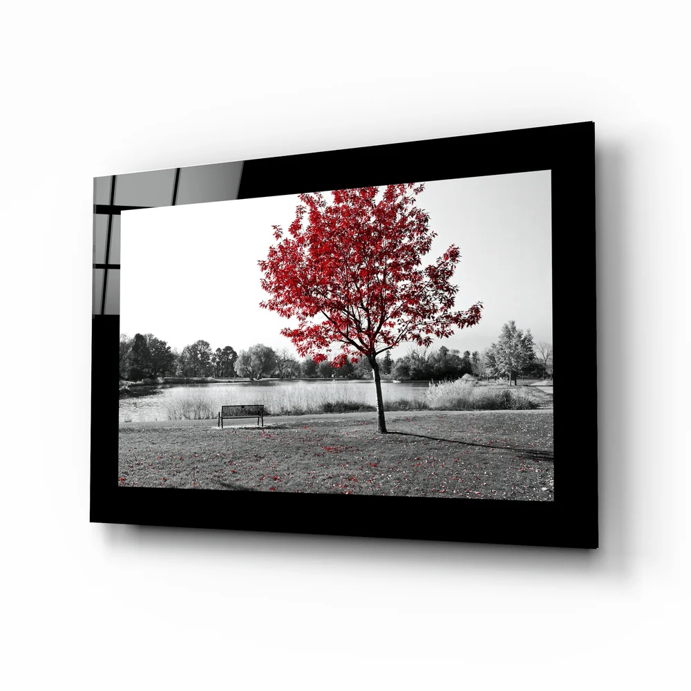 Scarlet Tree Lake Bench Glass Wall Art