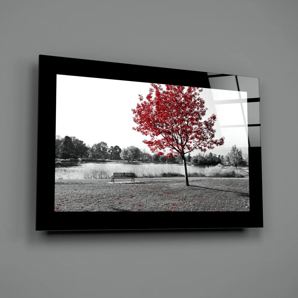 Scarlet Tree Lake Bench Glass Wall Art - Image 2
