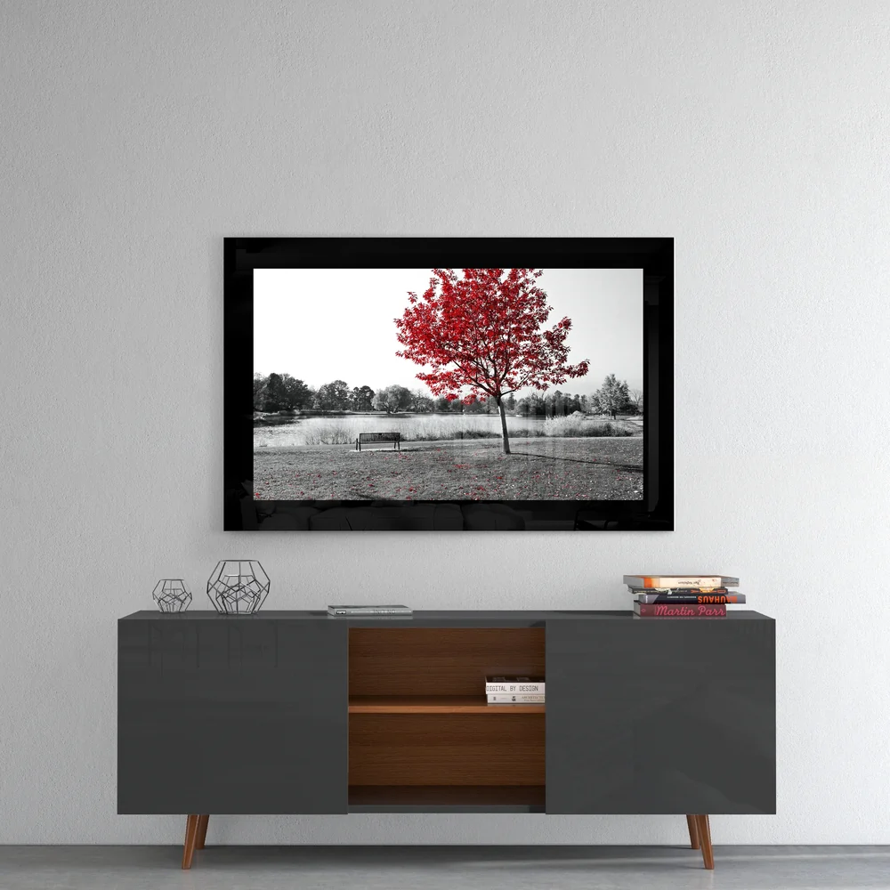 Scarlet Tree Lake Bench Glass Wall Art - Image 4