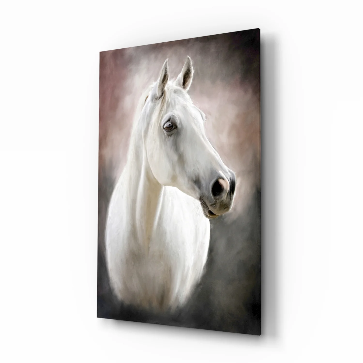 Serene White Horse Portrait Glass Wall Art