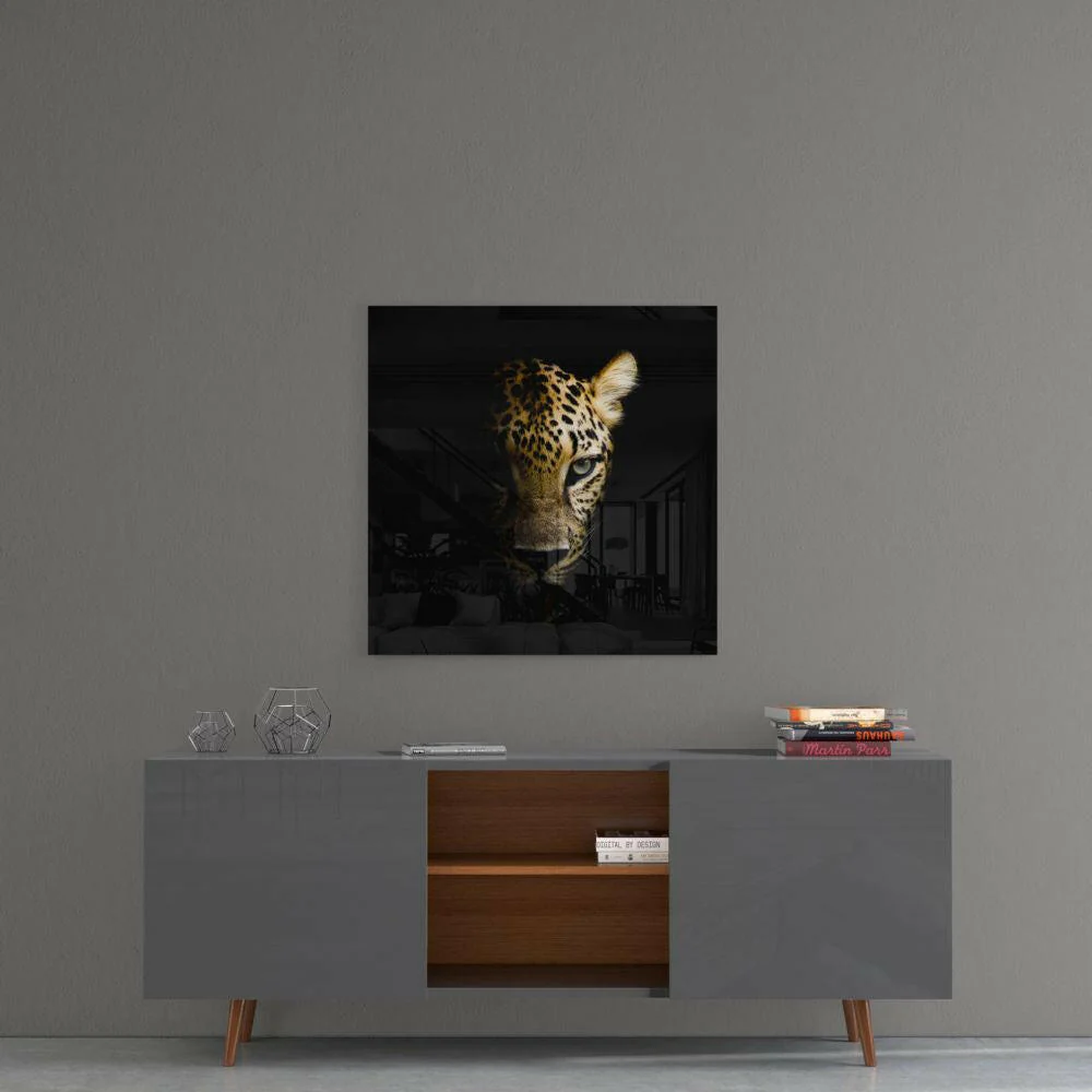 Shadowed Golden Leopard Glass Wall Art - Image 4