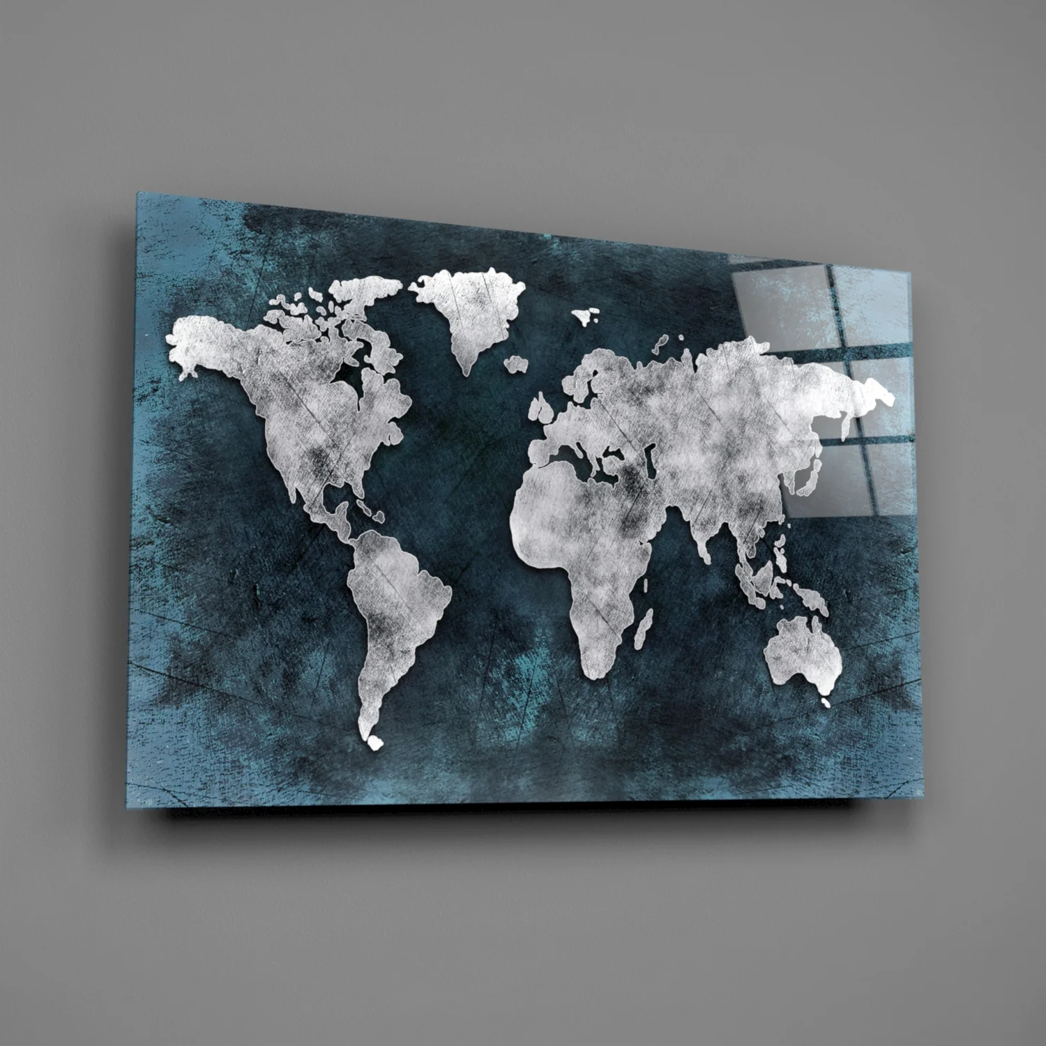 Silver Map Teal Grunge World Map Glass Wall Art - Image 2