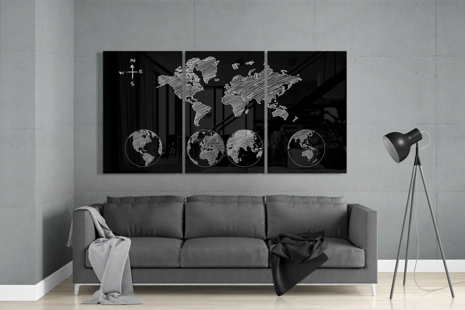Sketched Compass Globe World Map Glass Wall Art - Image 3